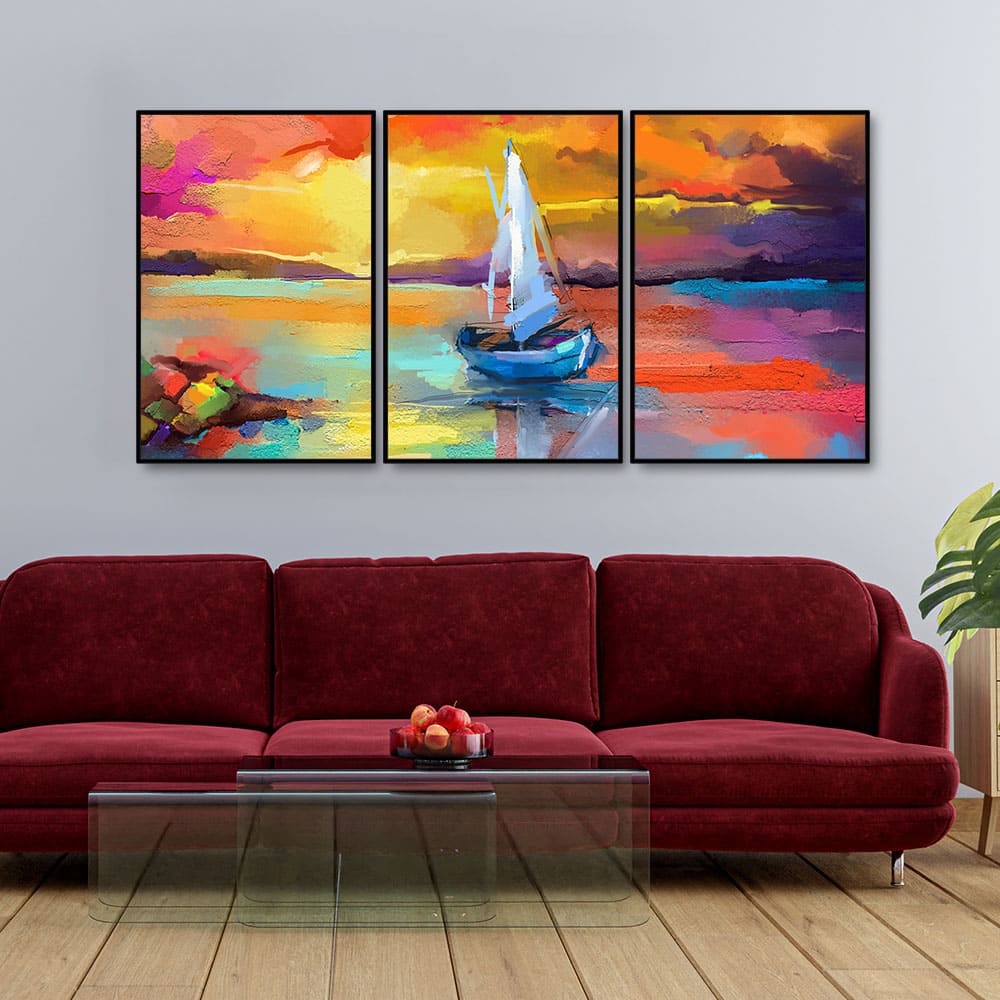 Beautiful Colorful Sea with Ship Premium Floating Wall Painting Set of Three - Image 2