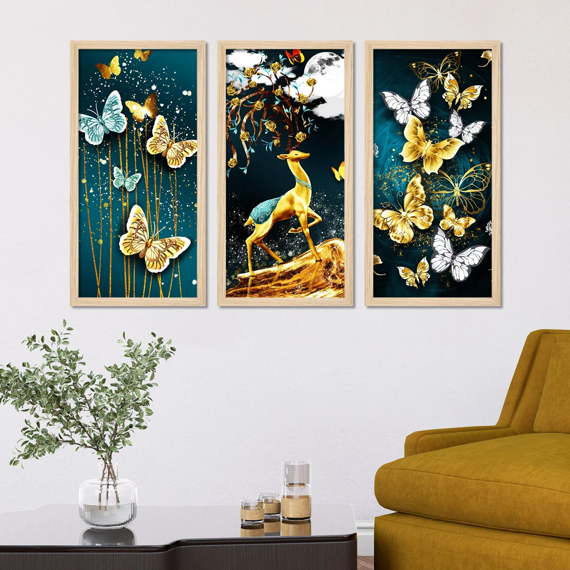 Beautiful Crystal Butterfly Pattern Art Wooden Wall Frame Set of Three - Image 3