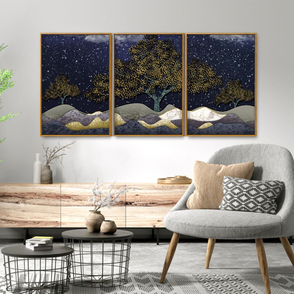 Beautiful Dark Blue Snowy Background Floating Canvas Wall Painting Set of Three - Image 2
