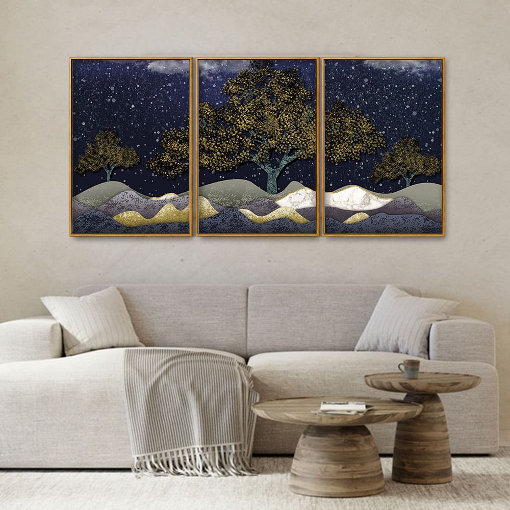 Beautiful Dark Blue Snowy Background Floating Canvas Wall Painting Set of Three - Image 3