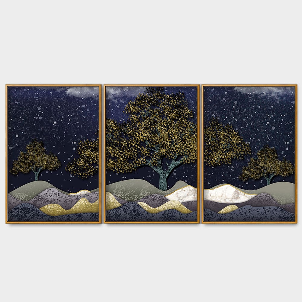 Beautiful Dark Blue Snowy Background Floating Canvas Wall Painting Set of Three - Image 4