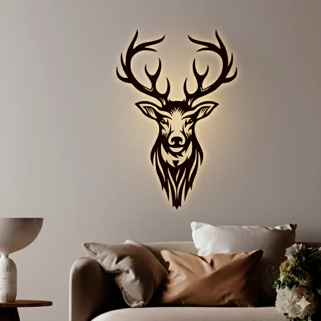 Beautiful Deer Head Premium Backlit Wooden Wall Hanging with LED Night Light Walnut Finish - Image 2