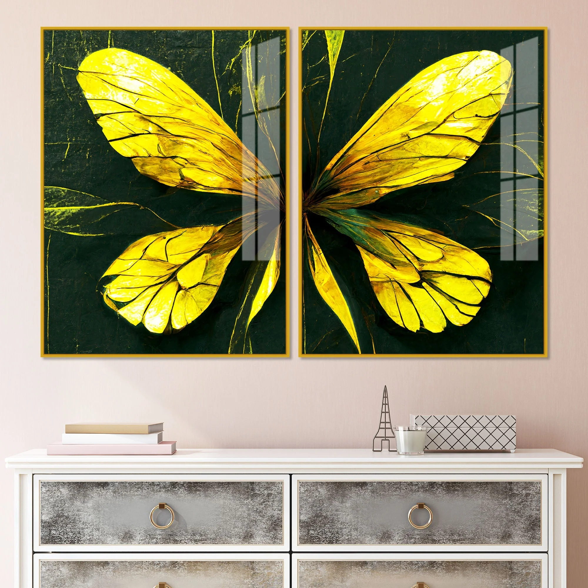 Beautiful Design of Golden Wings Art Acrylic Floating Wall Painting Set Of 2 - Image 2