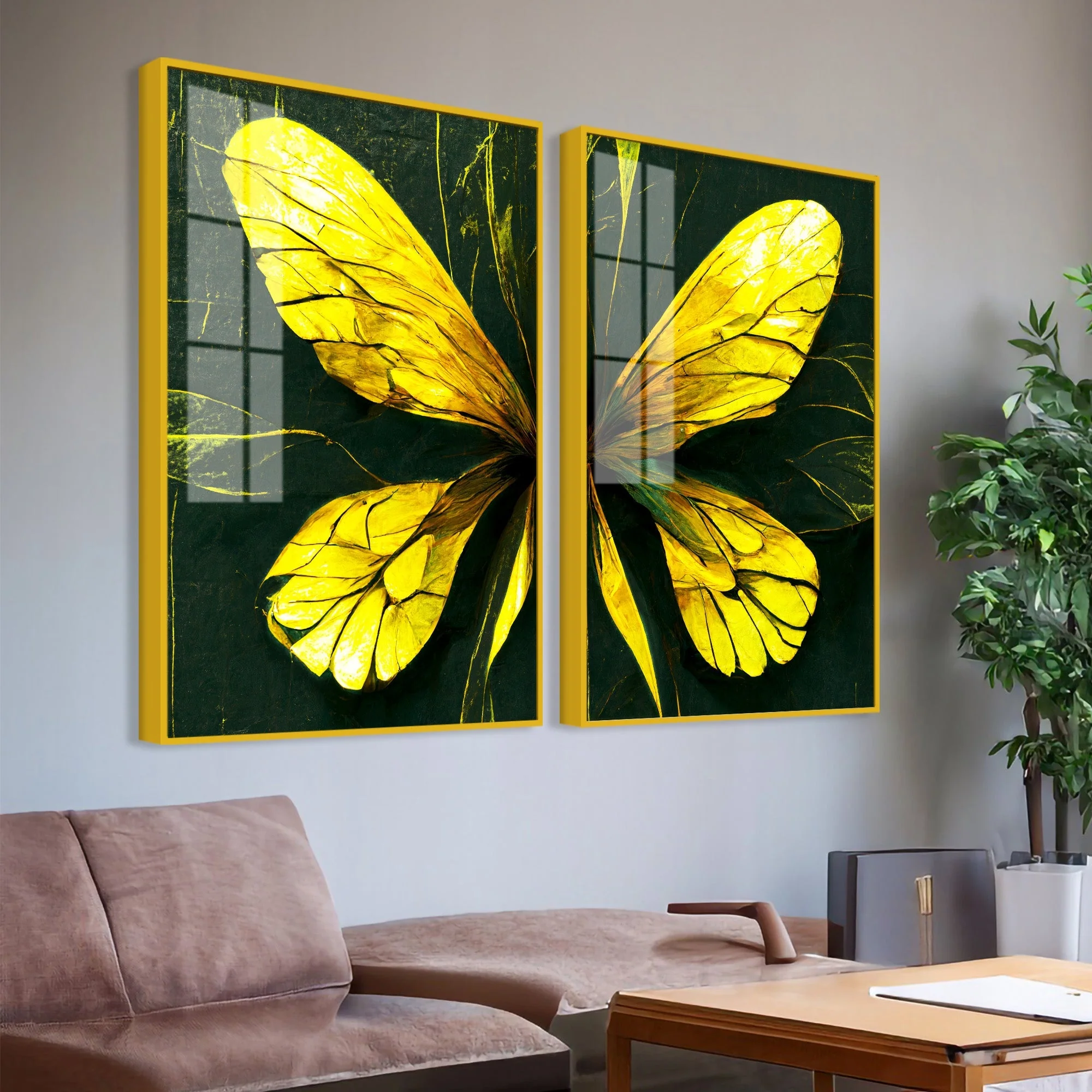 Beautiful Design of Golden Wings Art Acrylic Floating Wall Painting Set Of 2 - Image 3