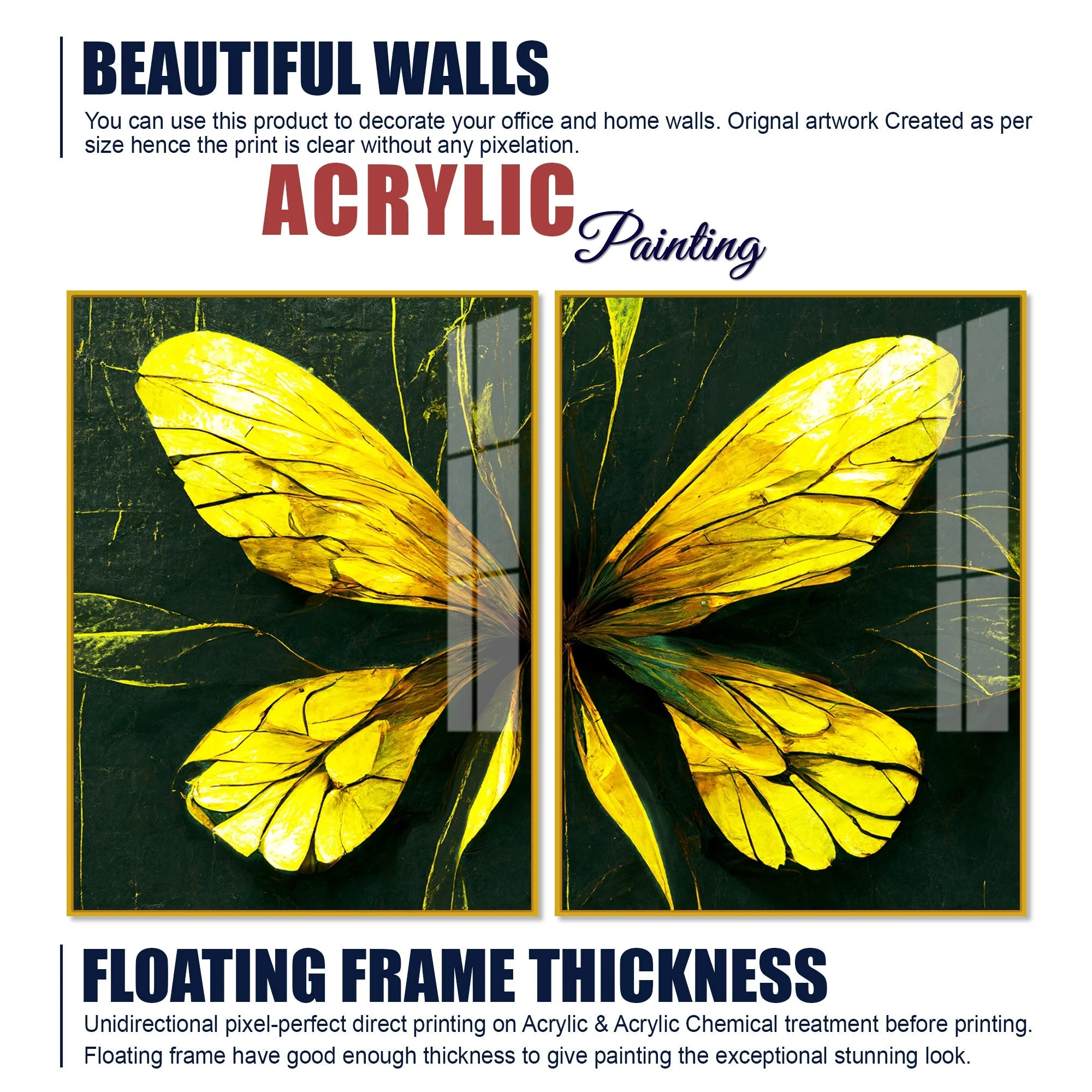 Beautiful Design of Golden Wings Art Acrylic Floating Wall Painting Set Of 2 - Image 6