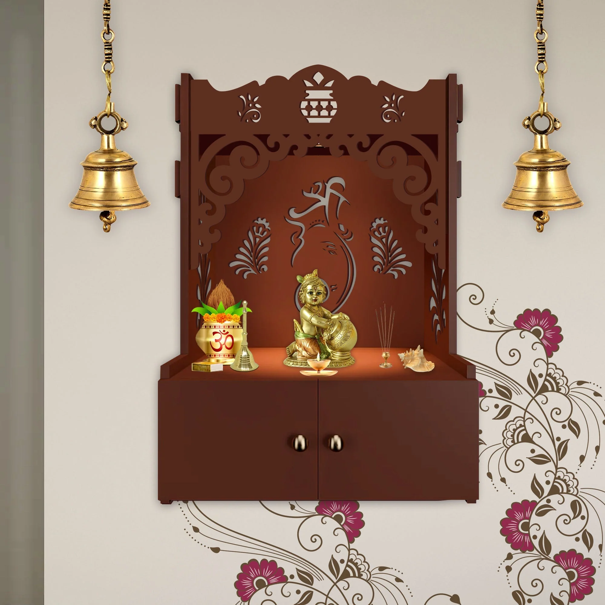 Beautiful Design of Lord Ganesh Brown Wooden Wall Temple for Home With Inbuilt focus Lights & Spacious Shelf