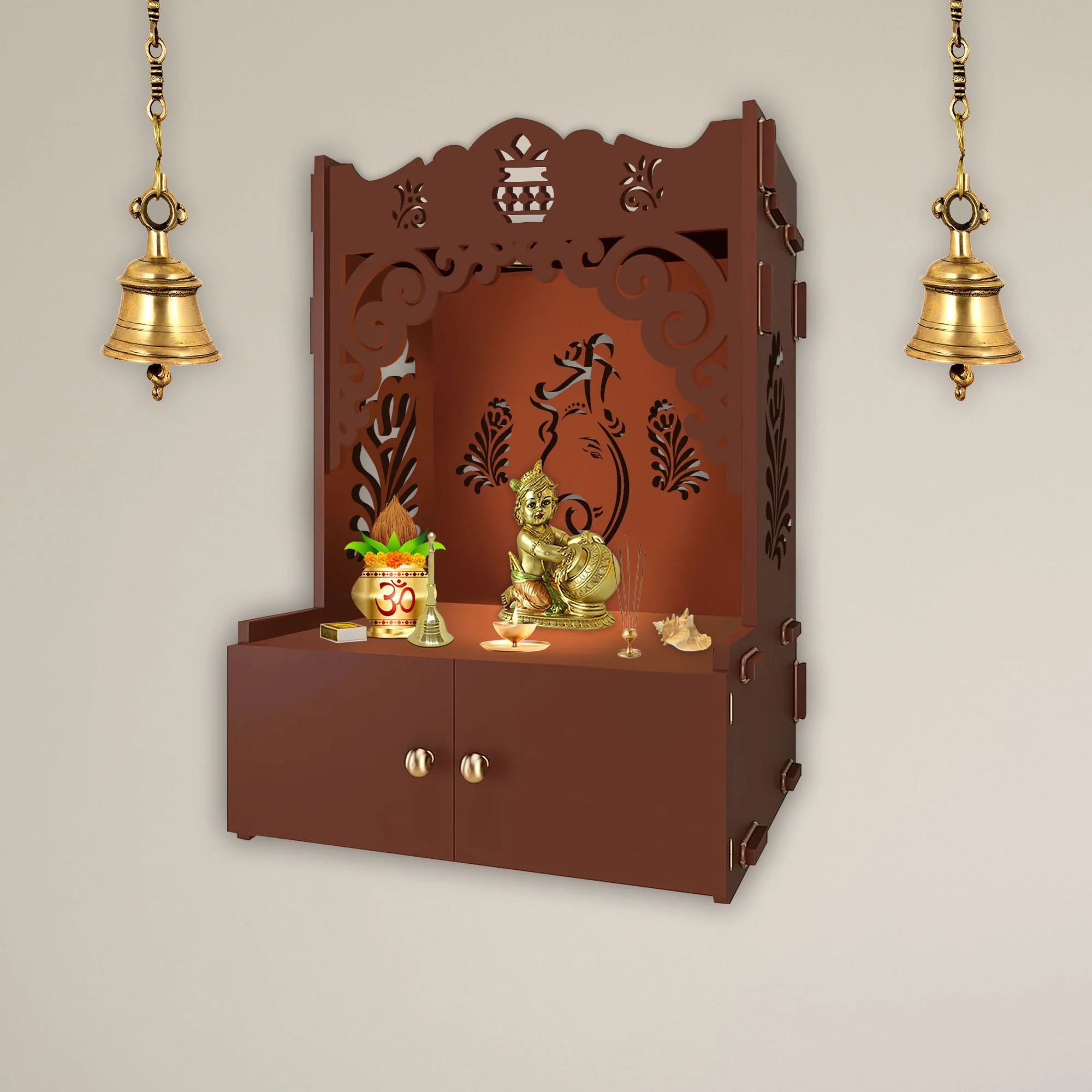 Beautiful Design of Lord Ganesh Brown Wooden Wall Temple for Home With Inbuilt focus Lights & Spacious Shelf - Image 2