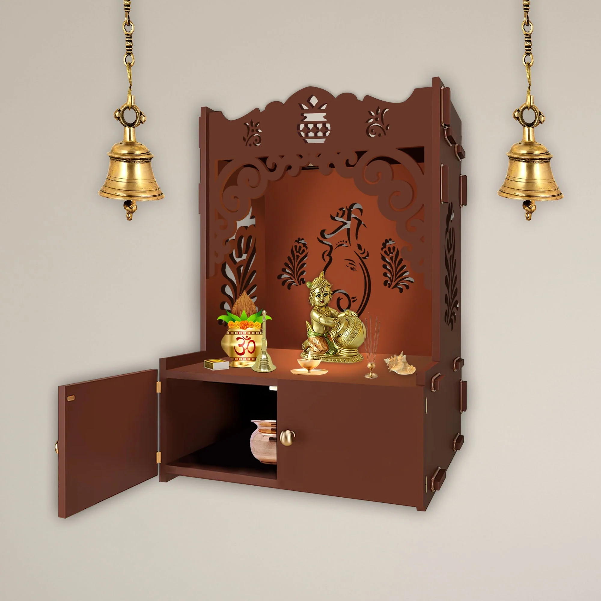 Beautiful Design of Lord Ganesh Brown Wooden Wall Temple for Home With Inbuilt focus Lights & Spacious Shelf - Image 3