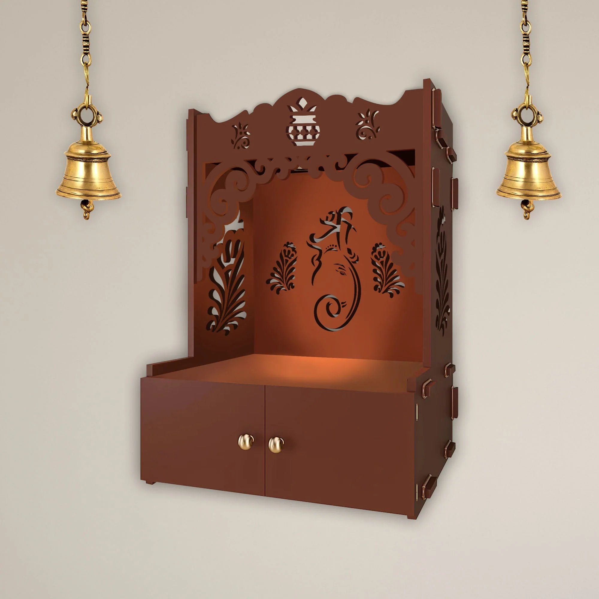 Beautiful Design of Lord Ganesh Brown Wooden Wall Temple for Home With Inbuilt focus Lights & Spacious Shelf - Image 4