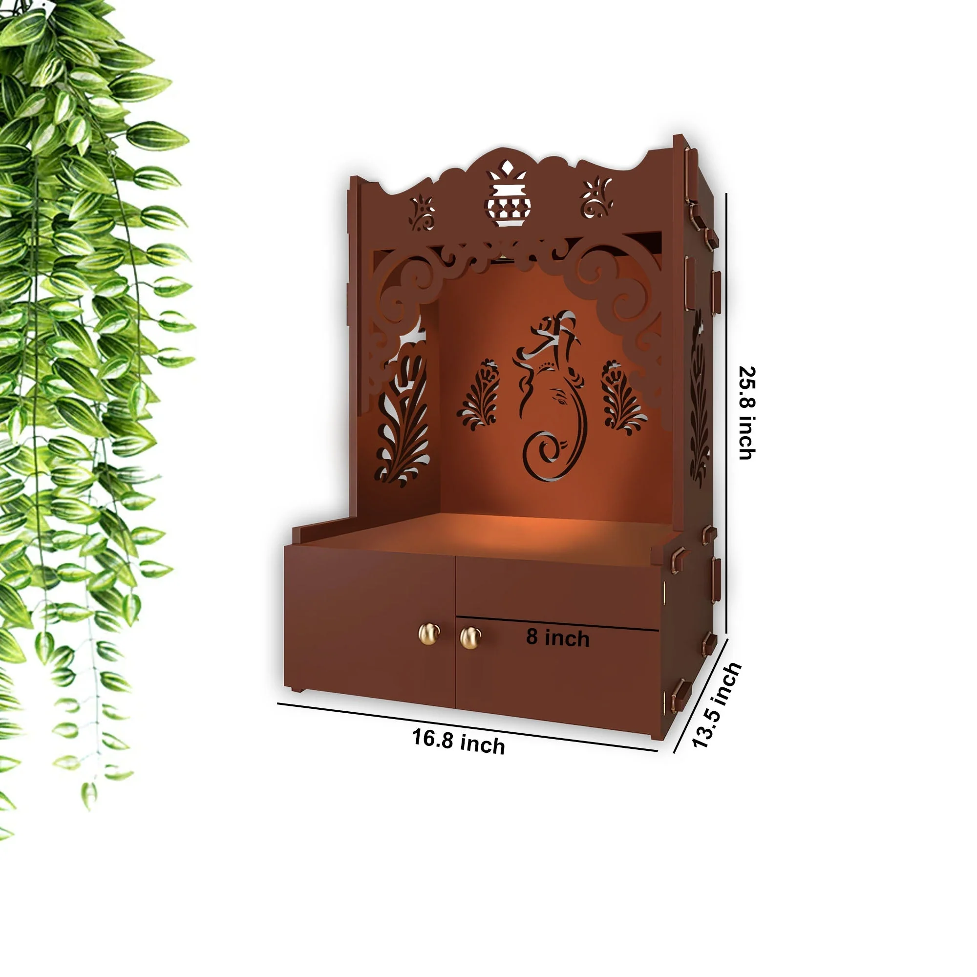 Beautiful Design of Lord Ganesh Brown Wooden Wall Temple for Home With Inbuilt focus Lights & Spacious Shelf - Image 5