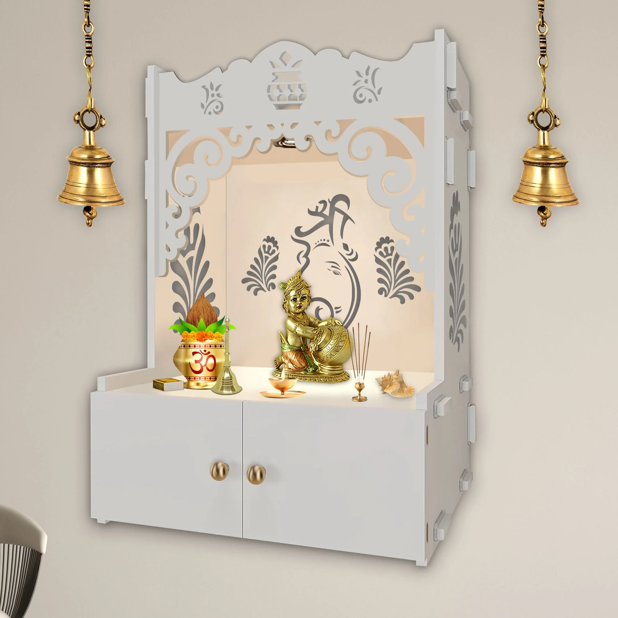 Beautiful Design of Lord Ganesh White Wooden Wall Temple for Home With Inbuilt focus Lights & Spacious Shelf - Image 2