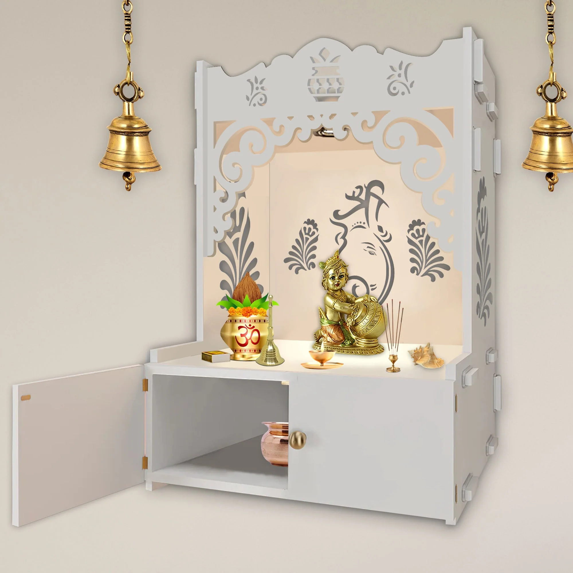 Beautiful Design of Lord Ganesh White Wooden Wall Temple for Home With Inbuilt focus Lights & Spacious Shelf - Image 3