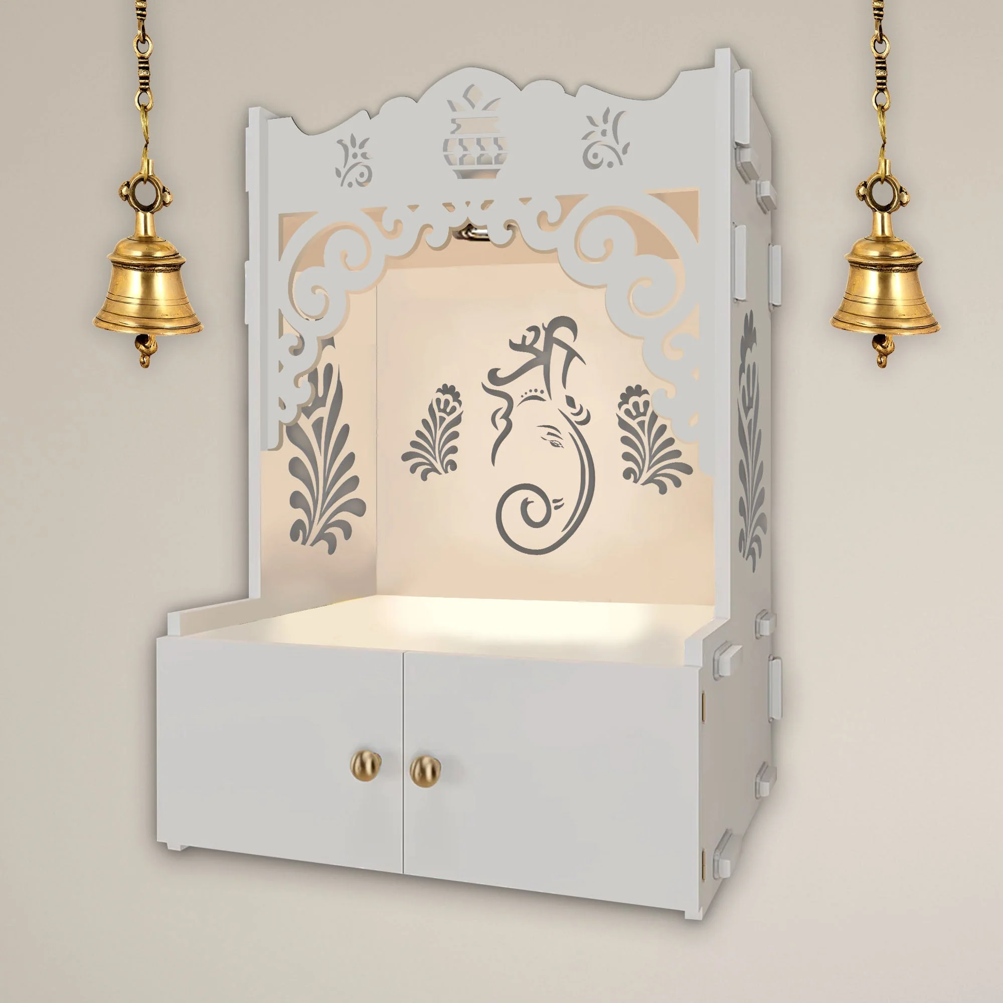 Beautiful Design of Lord Ganesh White Wooden Wall Temple for Home With Inbuilt focus Lights & Spacious Shelf - Image 4