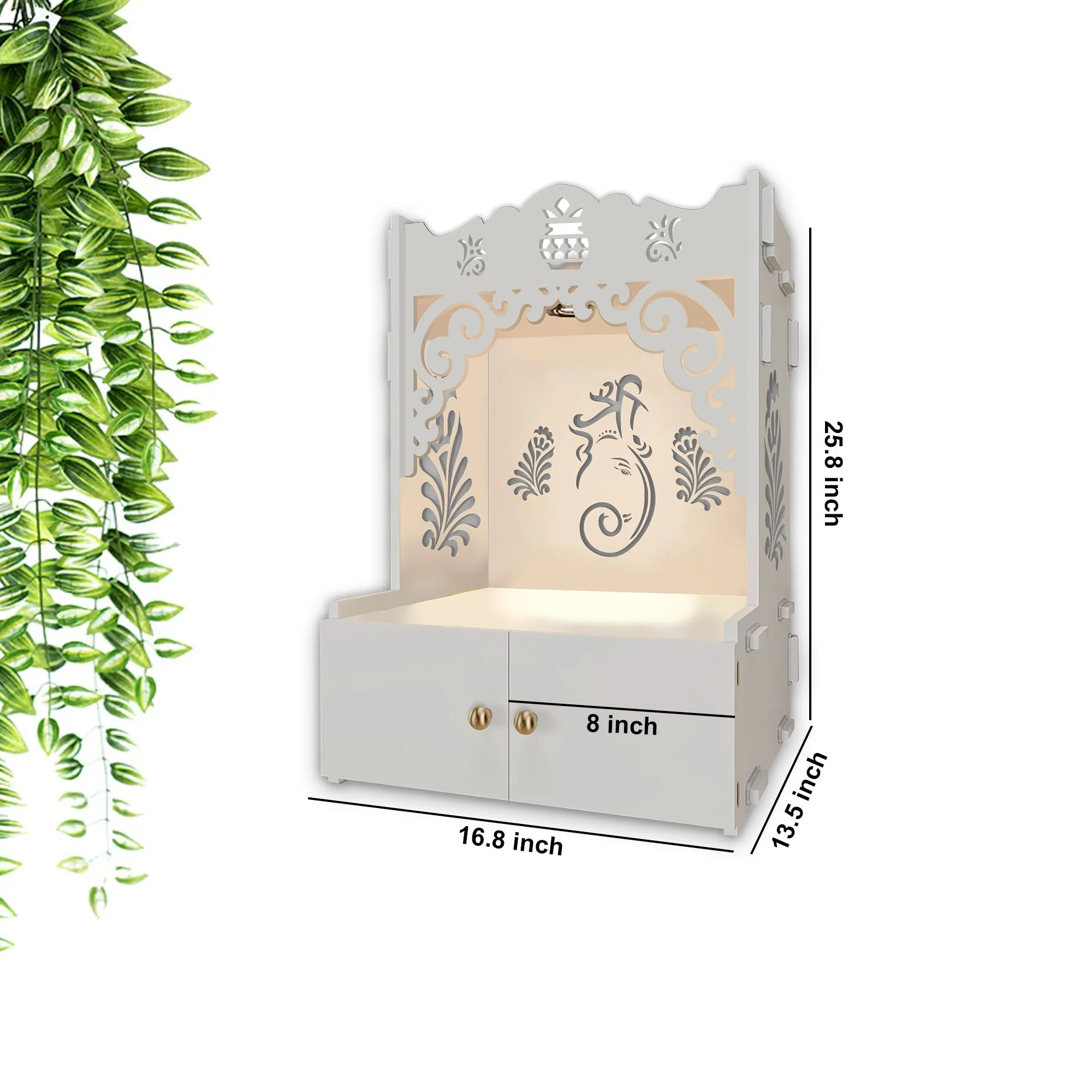 Beautiful Design of Lord Ganesh White Wooden Wall Temple for Home With Inbuilt focus Lights & Spacious Shelf - Image 5