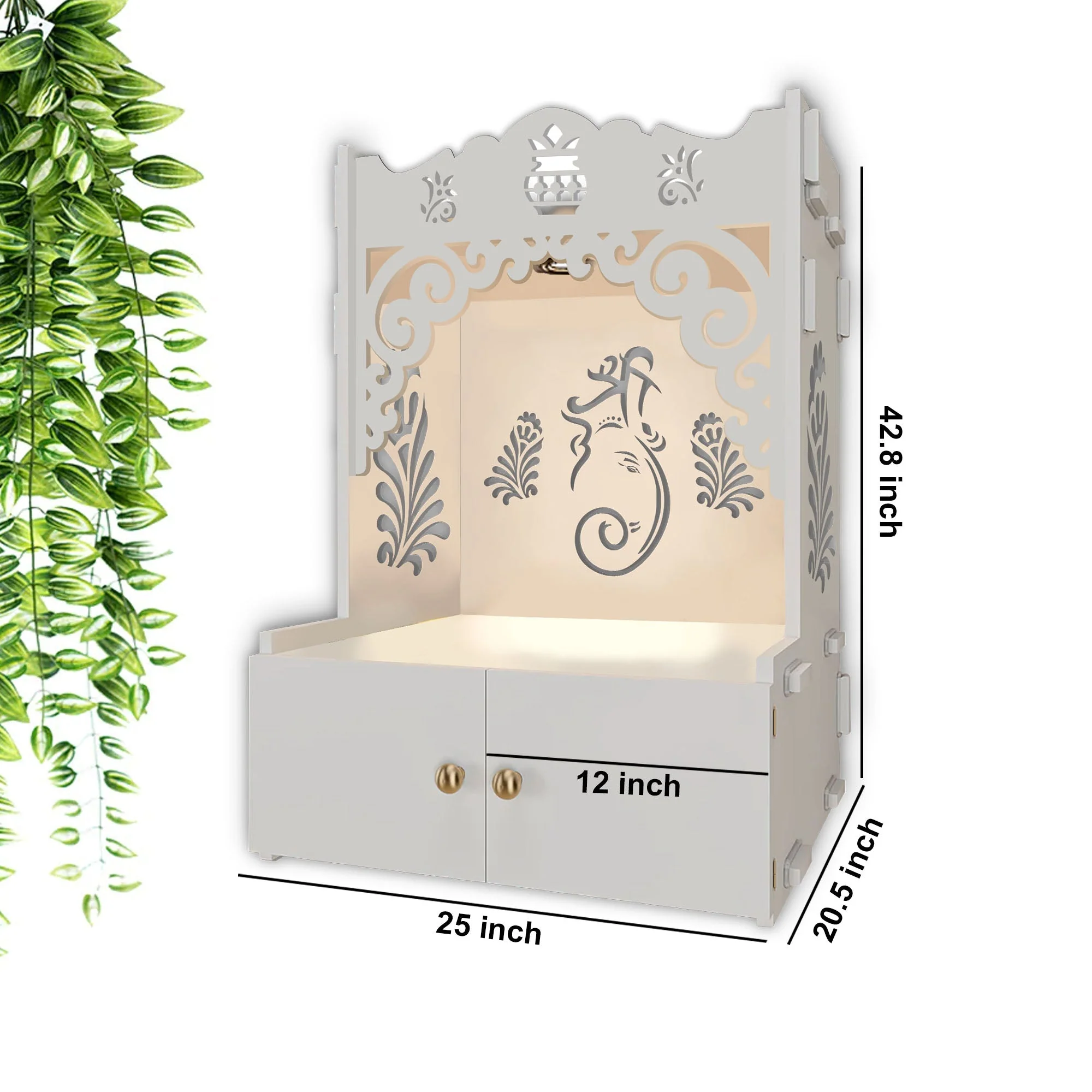 Beautiful Design of Shri Ganesh Floor Temple with Spacious Wooden Shelf & Inbuilt Focus Light- White Finish - Image 5