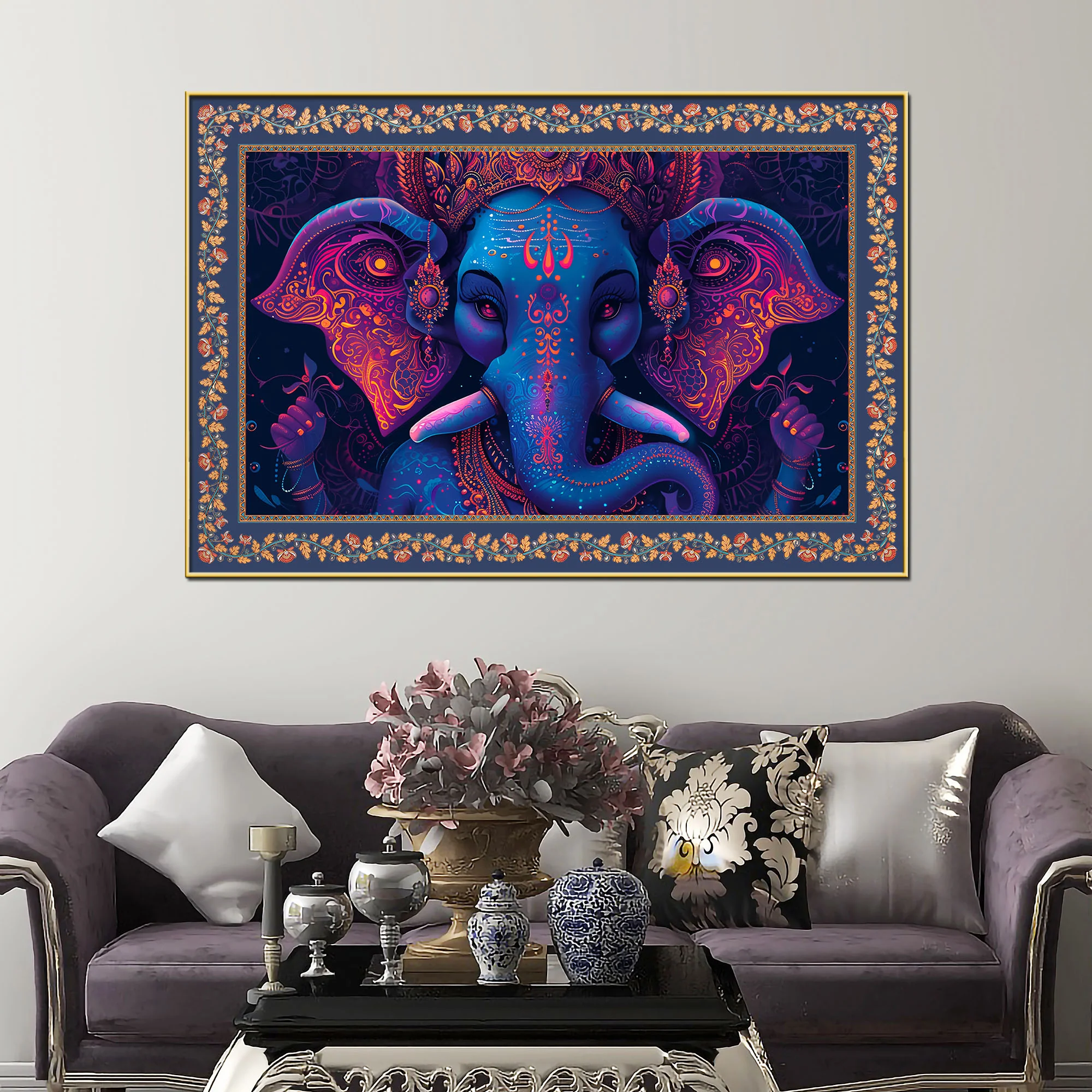 Beautiful Design Shree Ganesha Floral Border Canvas Wall Painting - Image 2