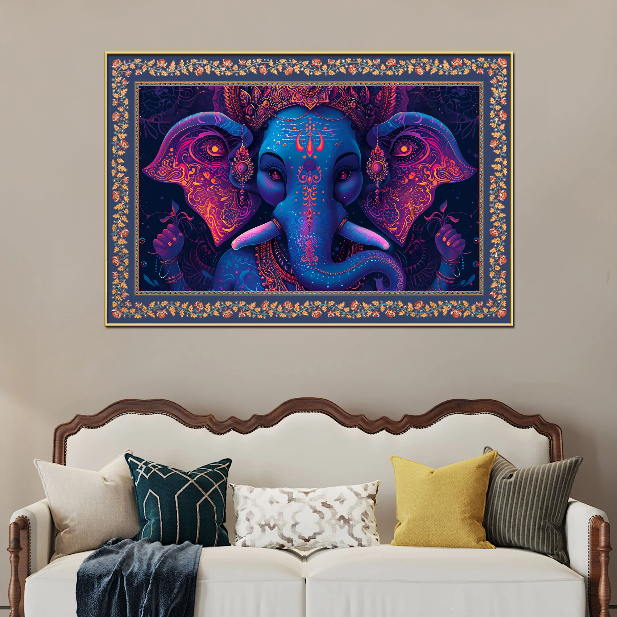 Beautiful Design Shree Ganesha Floral Border Canvas Wall Painting - Image 3
