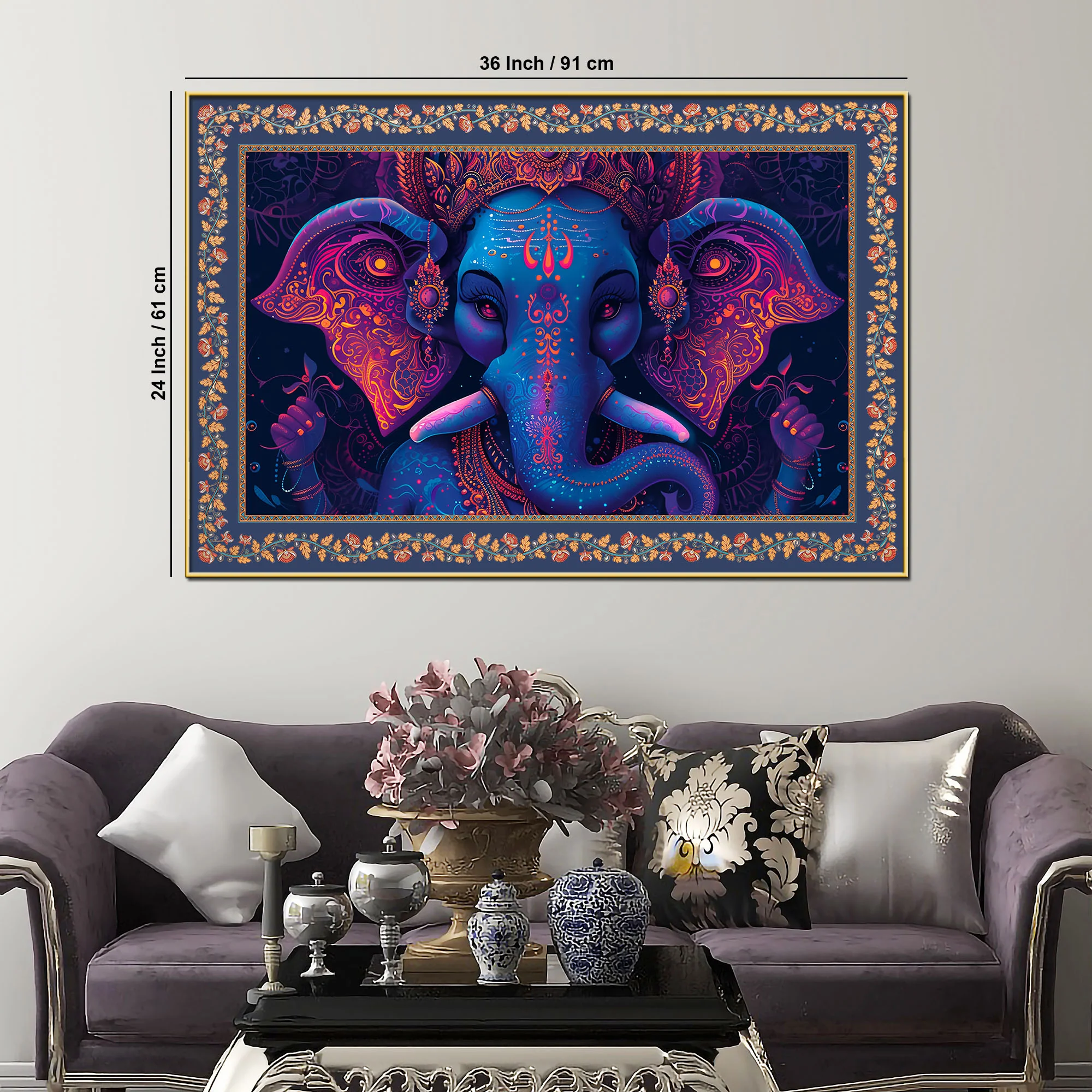 Beautiful Design Shree Ganesha Floral Border Canvas Wall Painting - Image 6