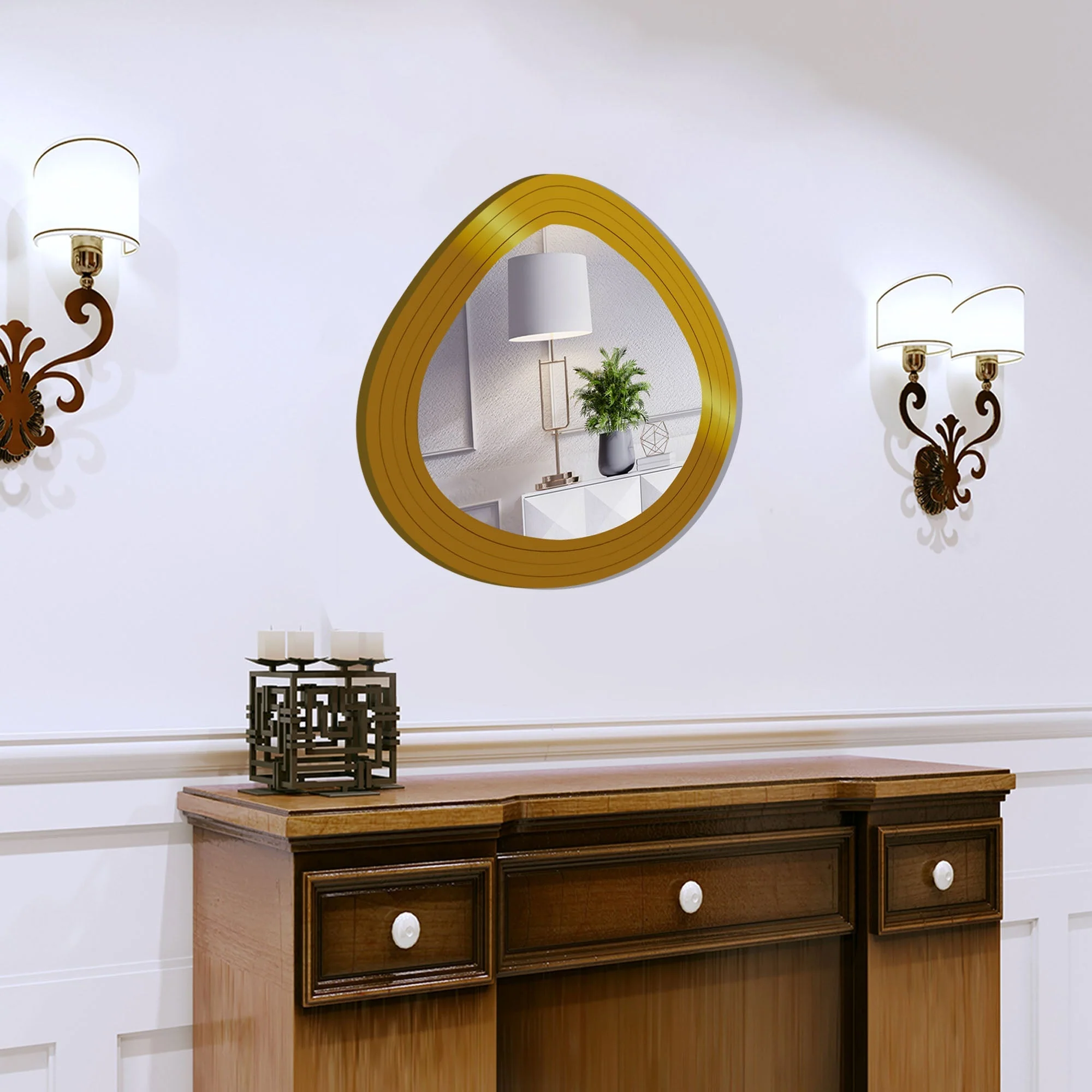 Beautiful Designer Oval Shape Wooden Golden Finish Round Vanity Mirror - Image 2
