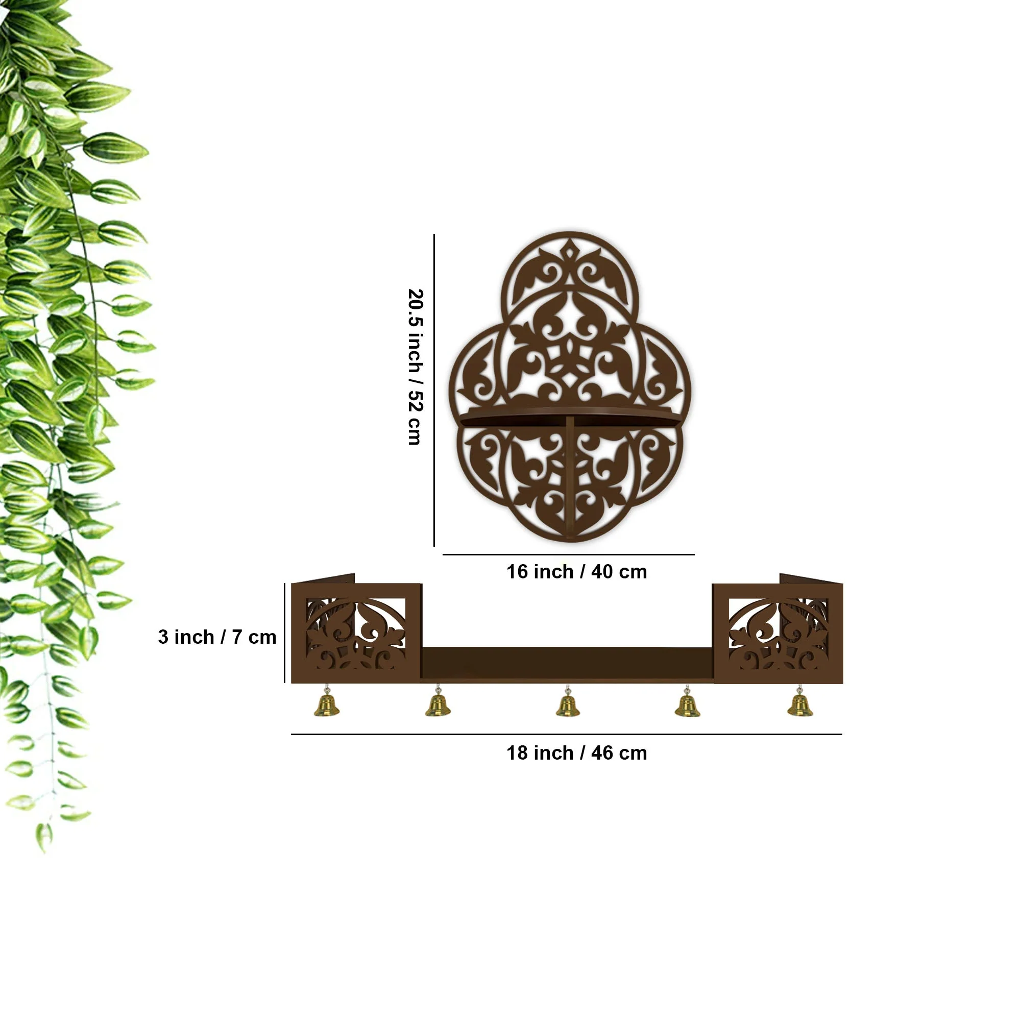 Beautiful Designer Pattern Wall Hanging Wooden Temple/ Pooja Mandir Design with Shelf, Brown Color - Image 3