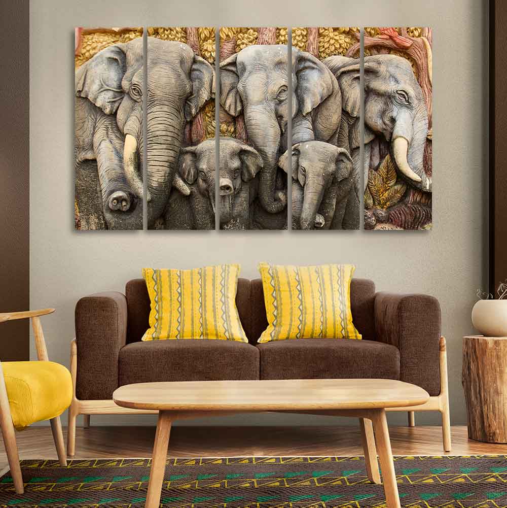 Beautiful Elephants Premium Wall Painting Set of Five - Image 3