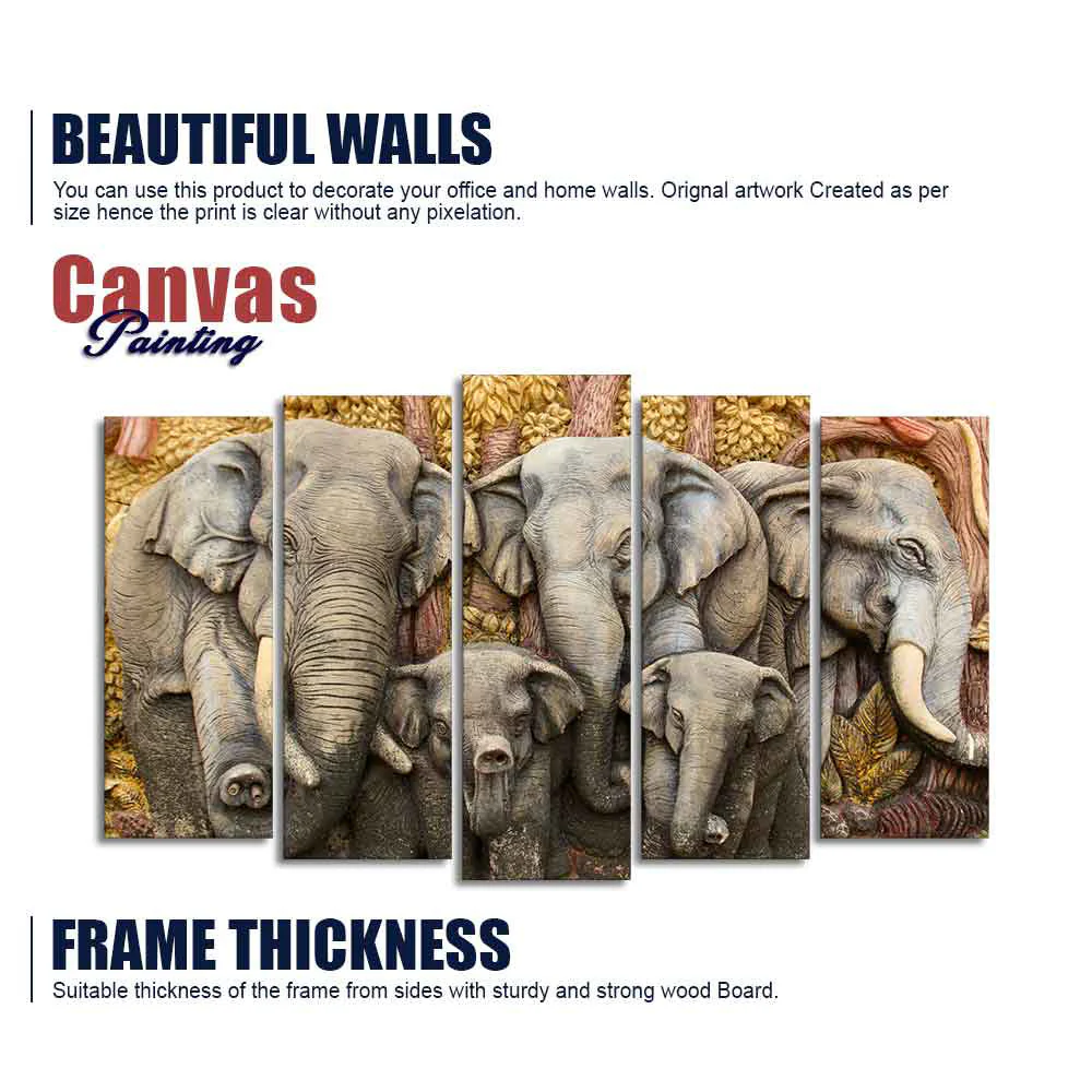 Beautiful Elephants Premium Wall Painting Set of Five Pieces - Image 5