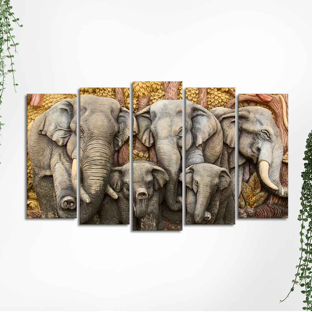 Beautiful Elephants Premium Wall Painting Set of Five Pieces - Image 6