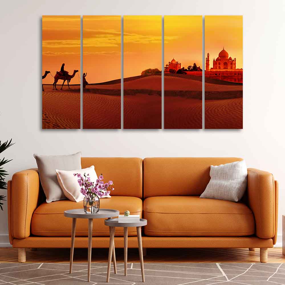 Beautiful Five Pieces Wall Painting of Camel Caravan Heading to Taj Mahal - Image 3