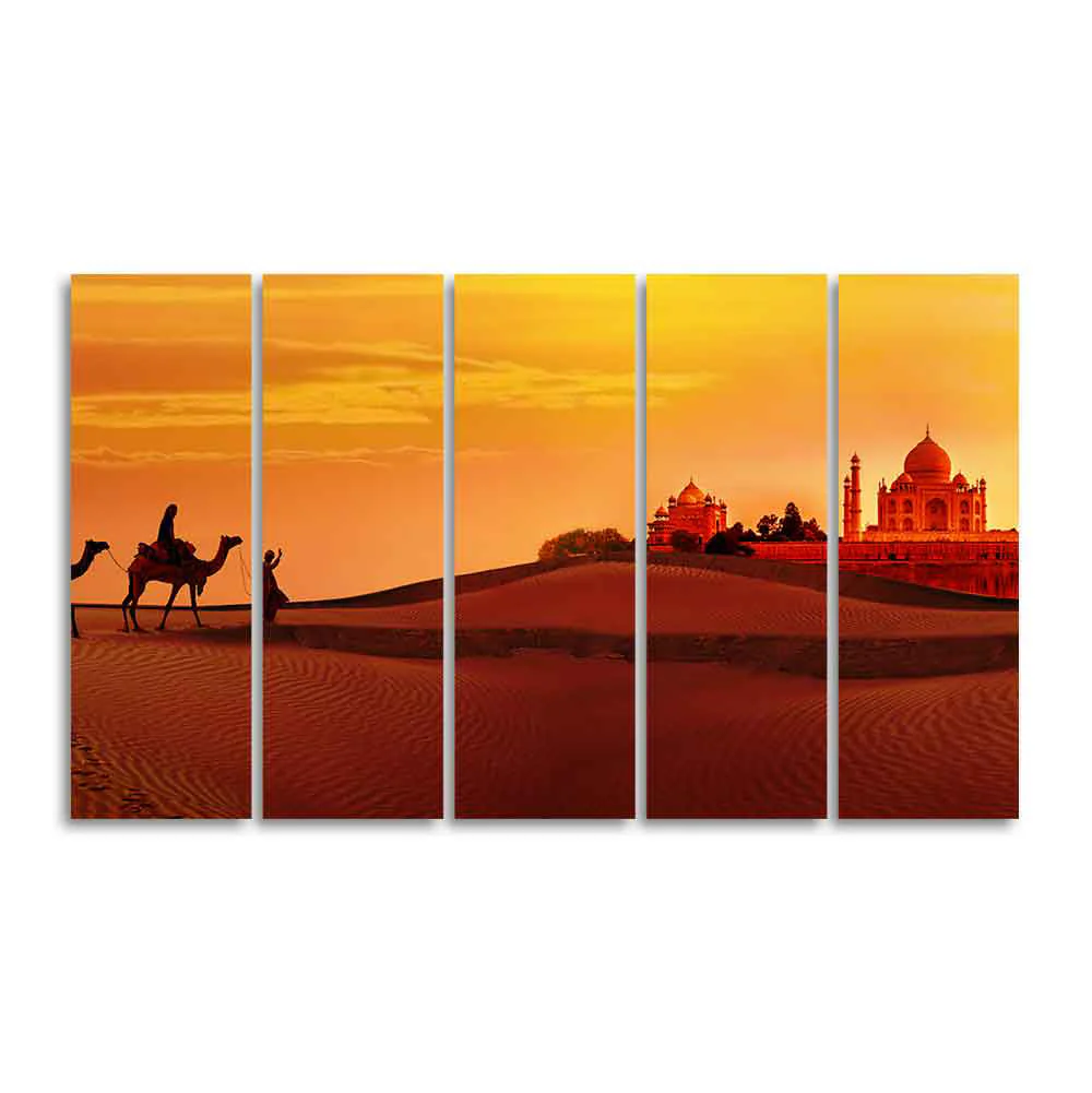 Beautiful Five Pieces Wall Painting of Camel Caravan Heading to Taj Mahal - Image 4
