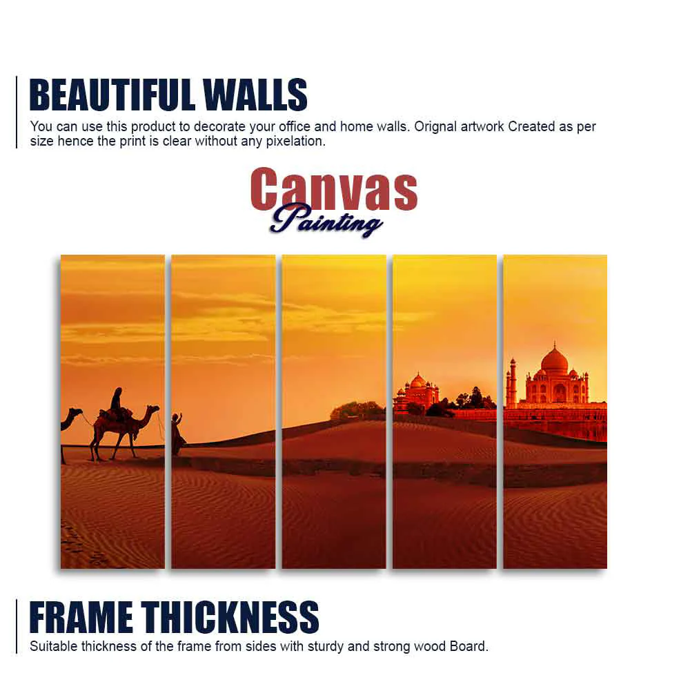Beautiful Five Pieces Wall Painting of Camel Caravan Heading to Taj Mahal - Image 5