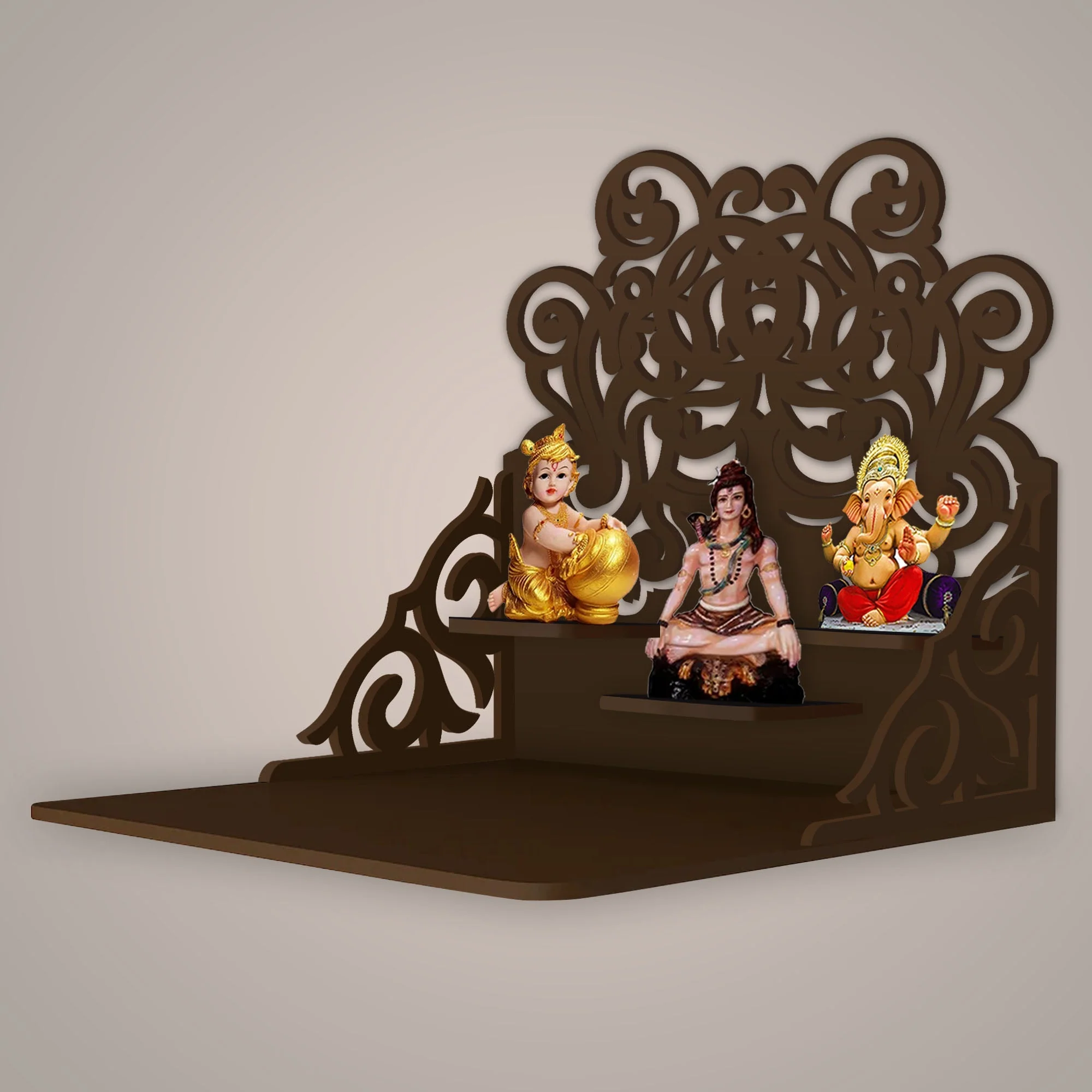 Beautiful Floral Pattern Wall Hanging Wooden Temple/ Pooja Mandir Design with Shelf, Brown Color - Image 2