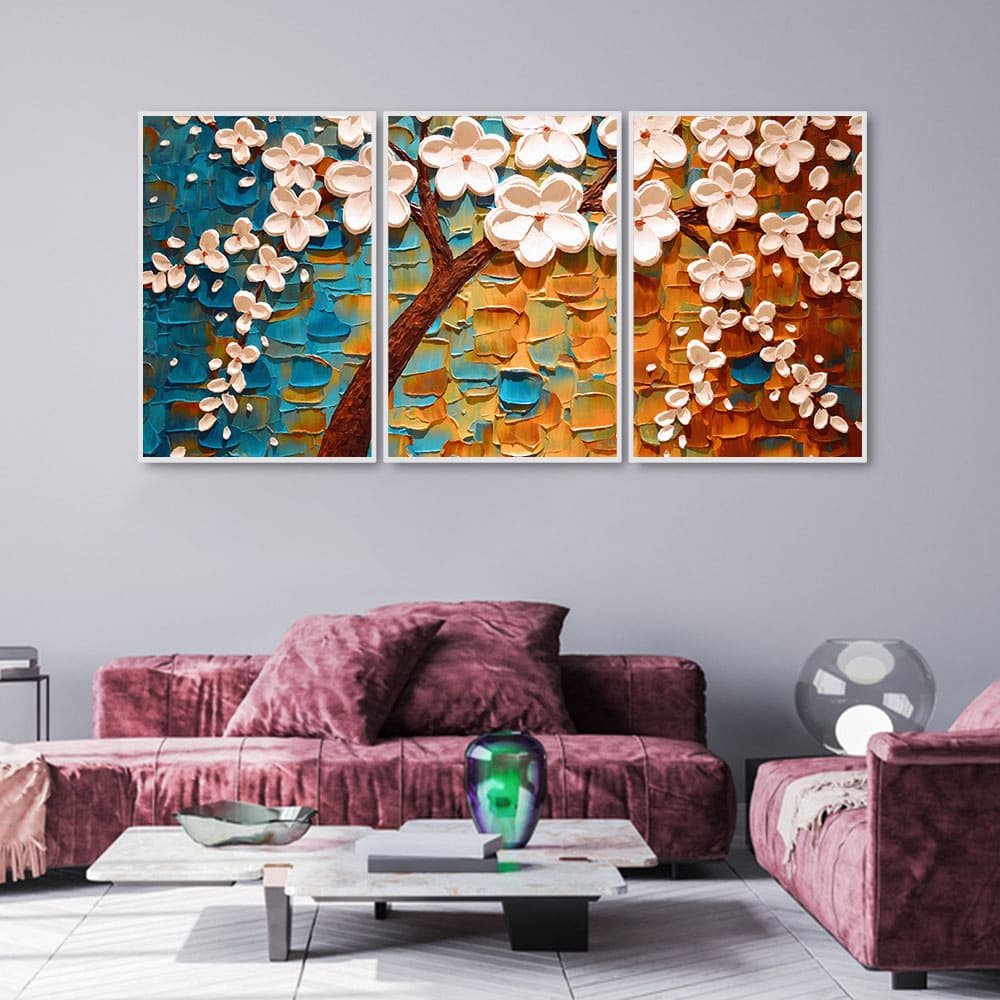 Beautiful Floral Tree Art with White Flower Floating Canvas Wall Painting Set of Three - Image 2