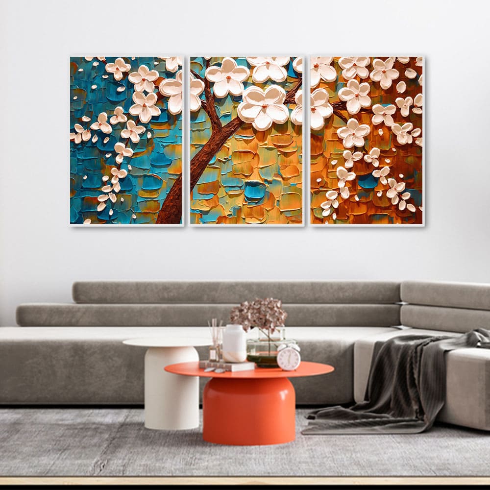 Beautiful Floral Tree Art with White Flower Floating Canvas Wall Painting Set of Three - Image 3