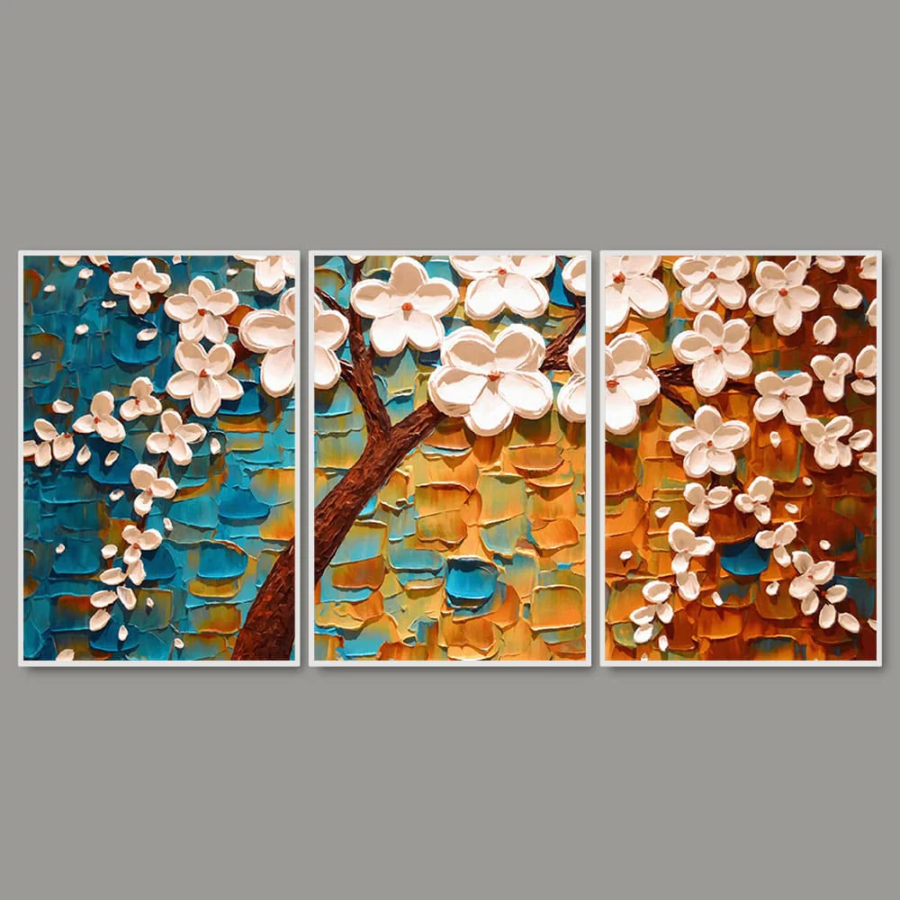 Beautiful Floral Tree Art with White Flower Floating Canvas Wall Painting Set of Three - Image 4
