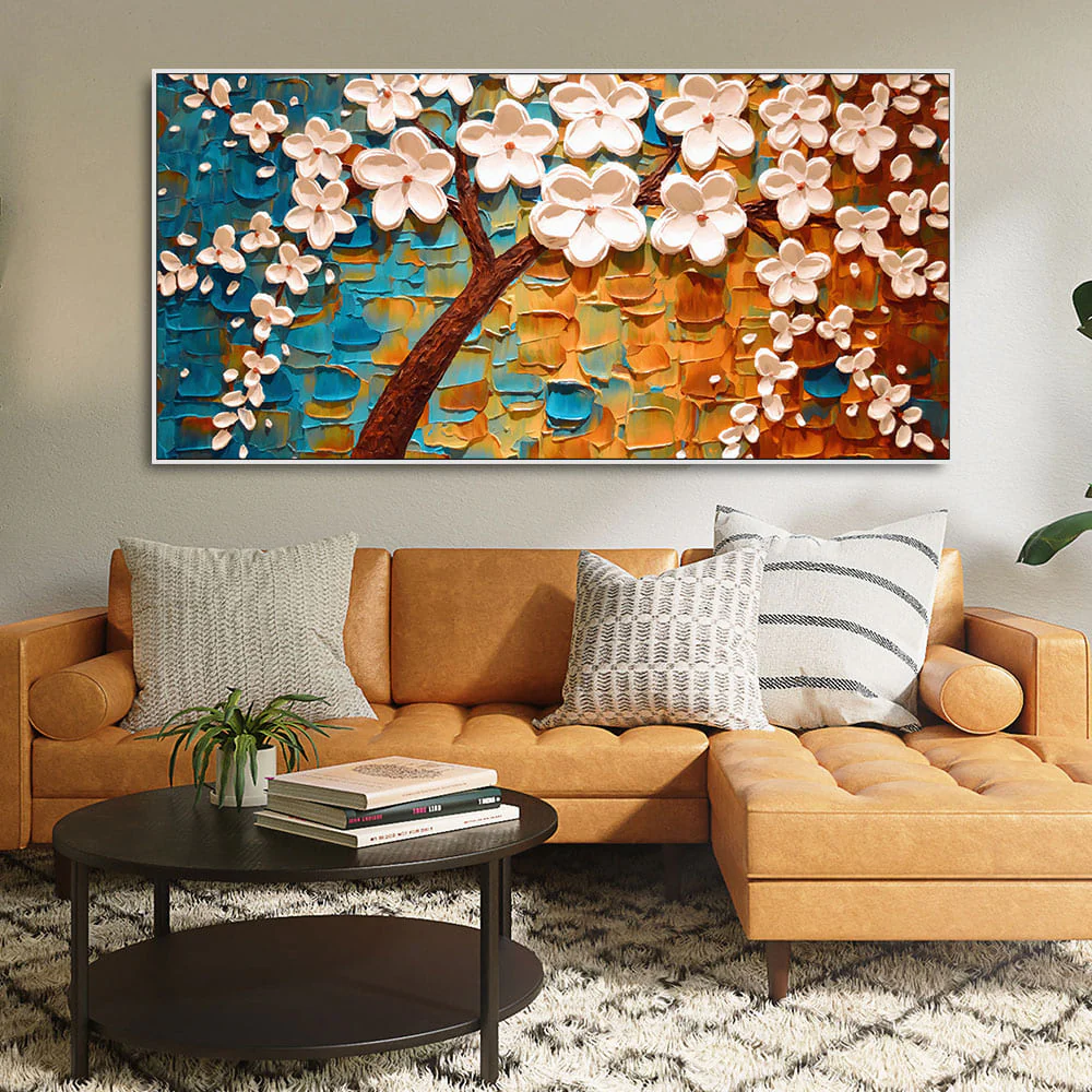 Beautiful Floral Tree Art with White Flower Premium Canvas Wall Painting - Image 3
