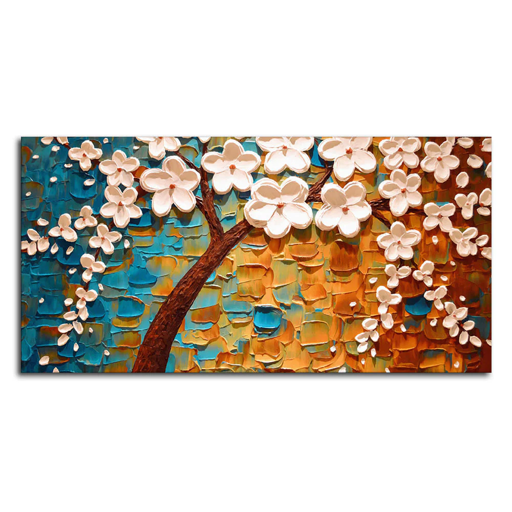 Beautiful Floral Tree Art with White Flower Premium Canvas Wall Painting - Image 4