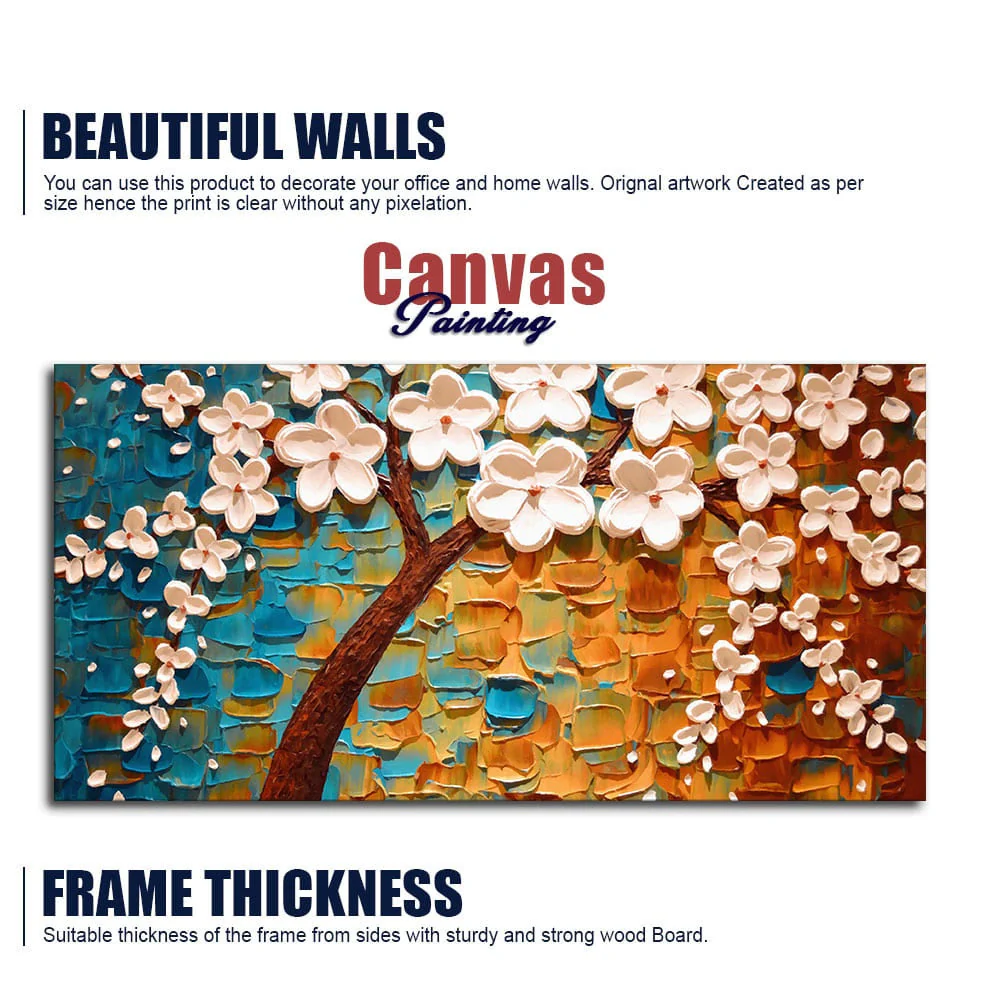 Beautiful Floral Tree Art with White Flower Premium Canvas Wall Painting - Image 6