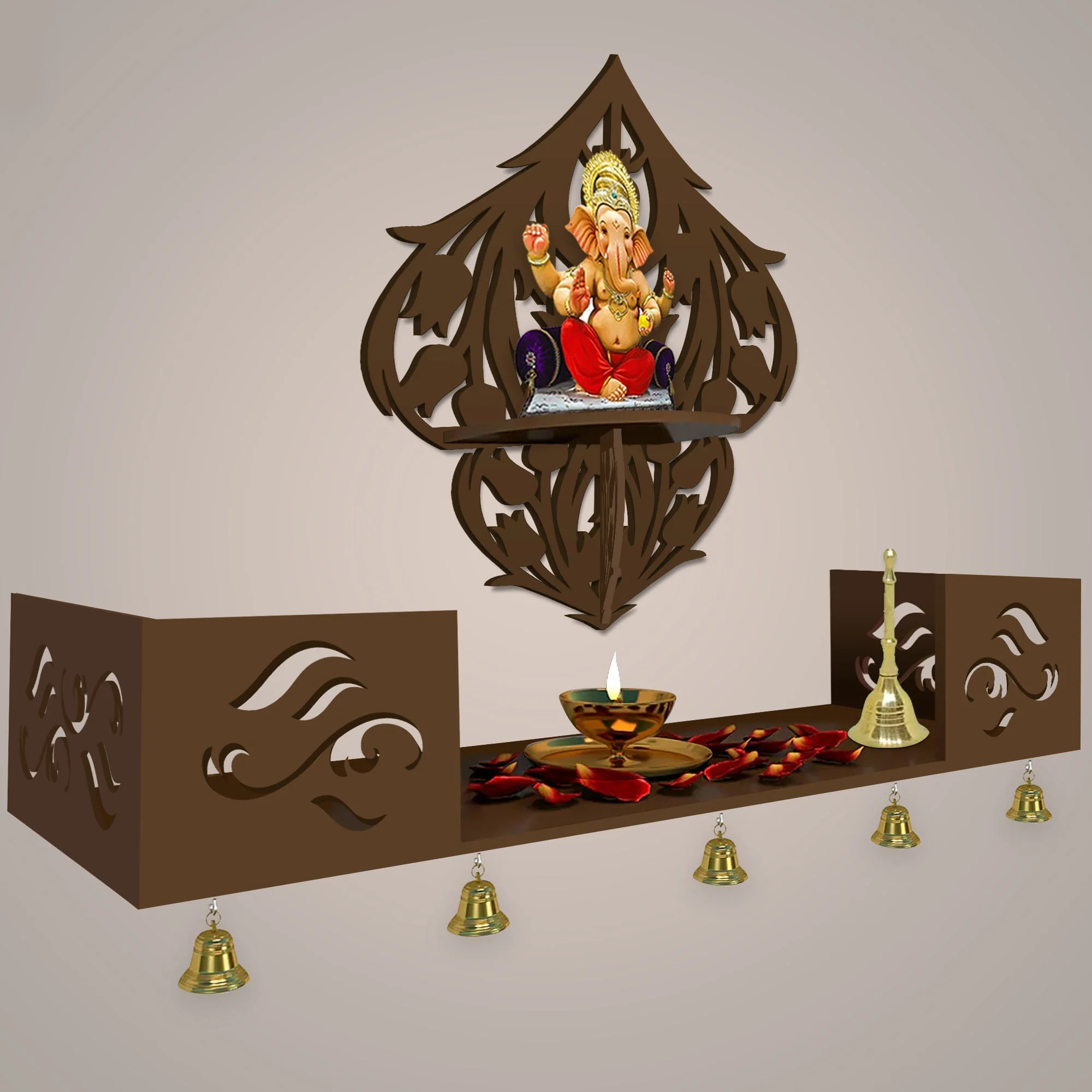 Beautiful Flower Art Designer Wall Hanging Wooden Temple/ Pooja Mandir Design with Shelf, Brown Color - Image 2