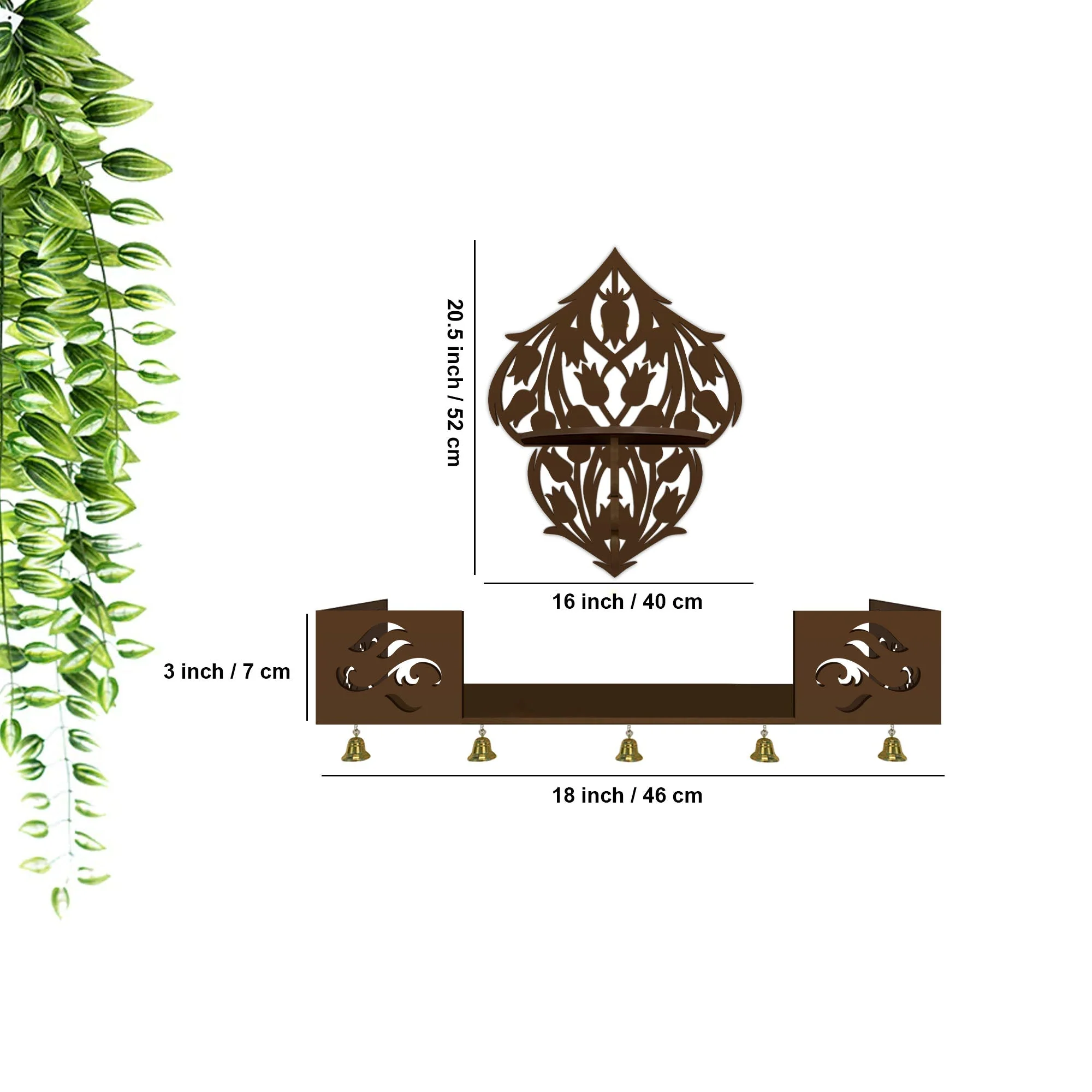 Beautiful Flower Art Designer Wall Hanging Wooden Temple/ Pooja Mandir Design with Shelf, Brown Color - Image 3