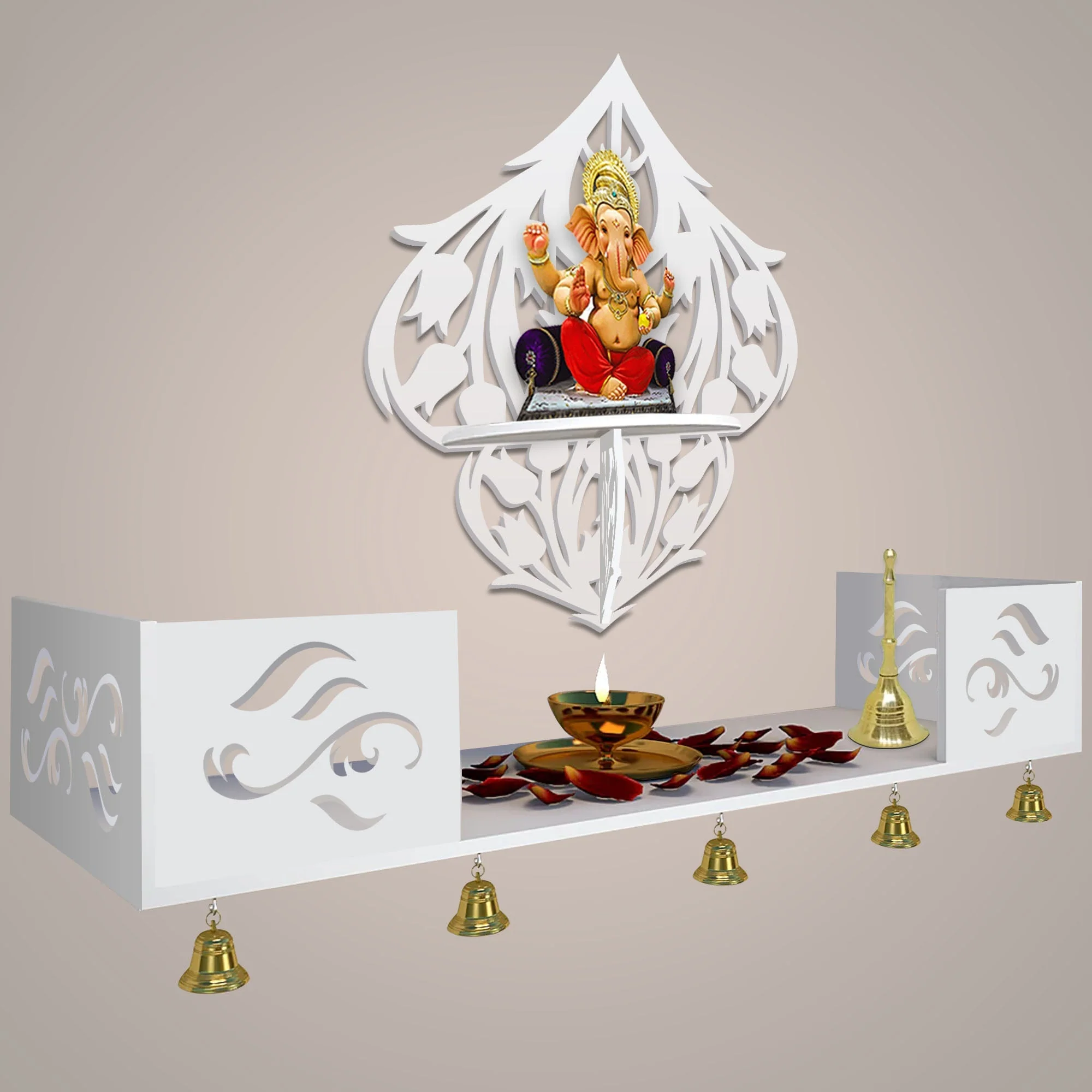 Beautiful Flower Art Designer Wall Hanging Wooden Temple/ Pooja Mandir Design with Shelf, White Color - Image 2