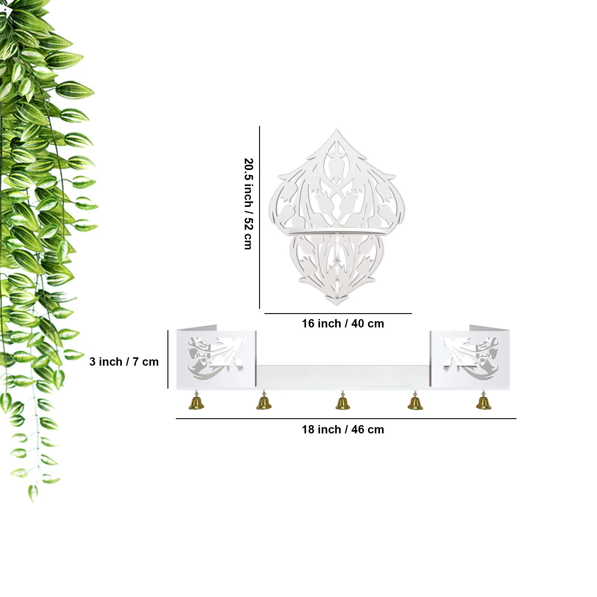 Beautiful Flower Art Designer Wall Hanging Wooden Temple/ Pooja Mandir Design with Shelf, White Color - Image 3