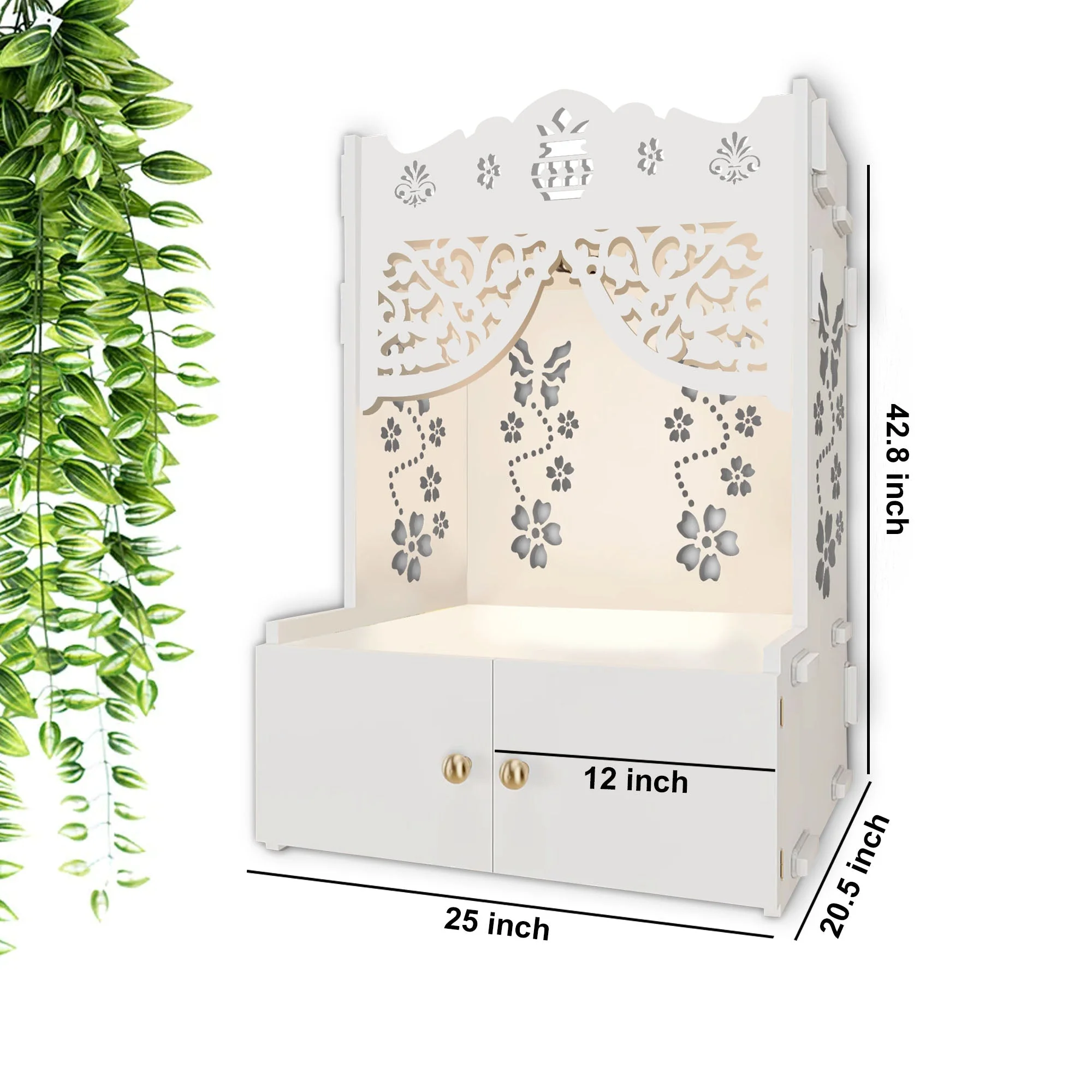 Beautiful Flower Design Pattern Floor Temple with Spacious Wooden Shelf & Inbuilt Focus Light- White Finish - Image 5