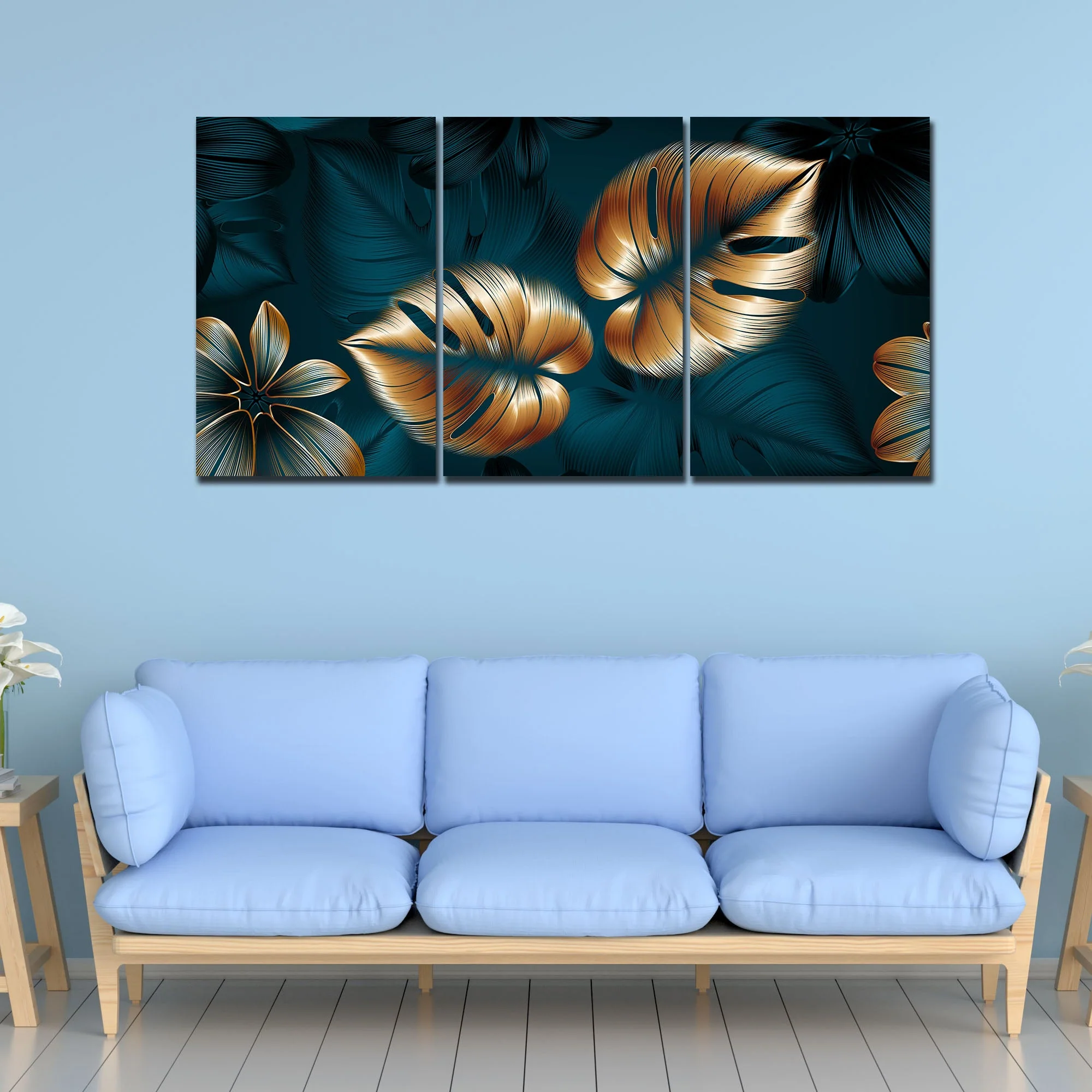 Beautiful Flower & Monstera Leaves Wall Painting of 3 Pieces - Image 3