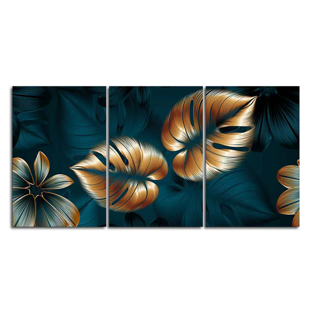 Beautiful Flower & Monstera Leaves Wall Painting of 3 Pieces - Image 4