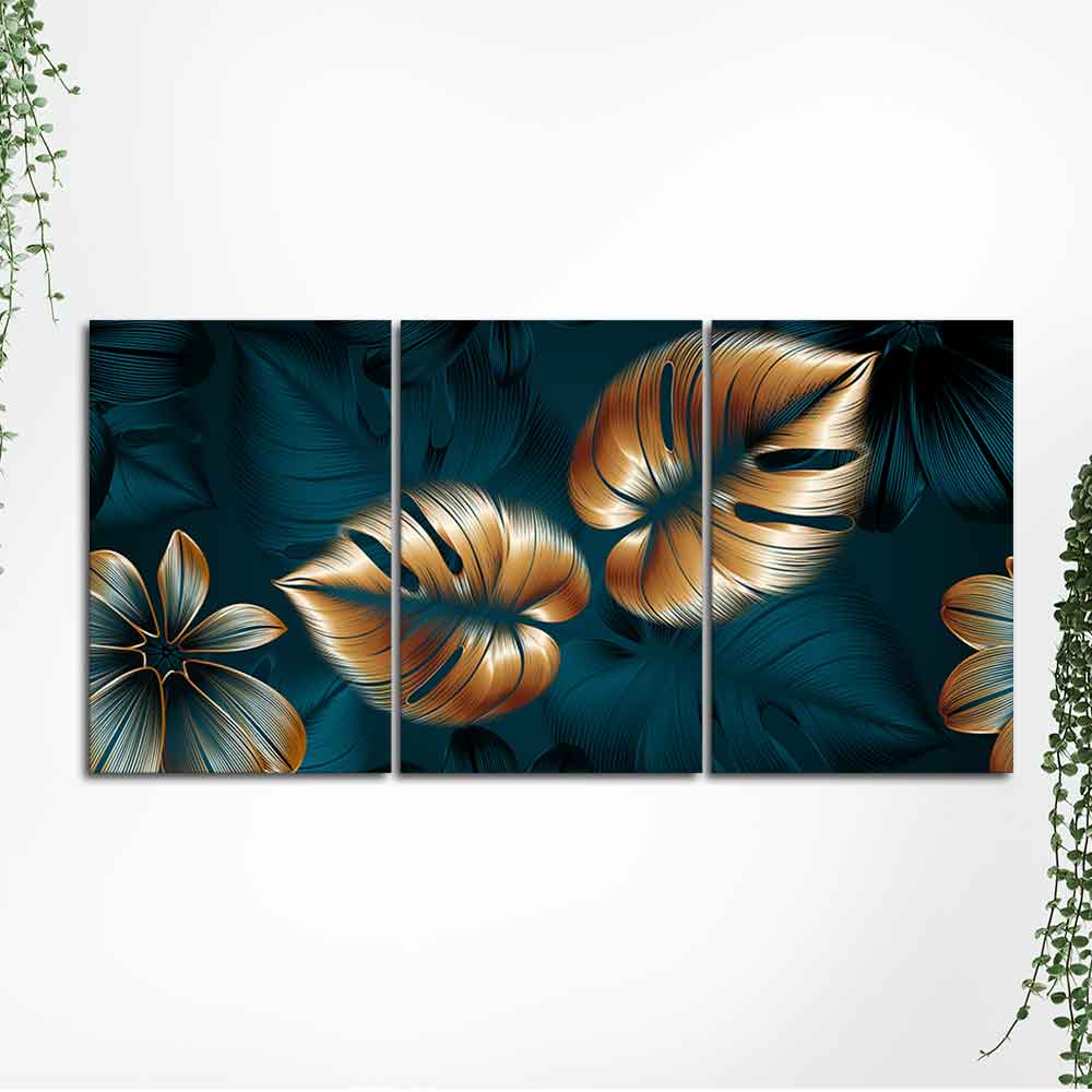 Beautiful Flower & Monstera Leaves Wall Painting of 3 Pieces - Image 5