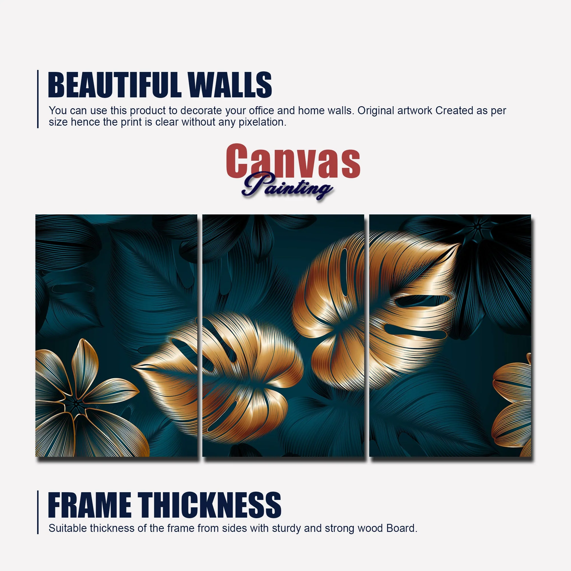 Beautiful Flower & Monstera Leaves Wall Painting of 3 Pieces - Image 6