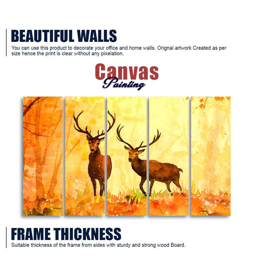 Beautiful Forest Deer Canvas Wall Painting of Five Pieces - Image 5