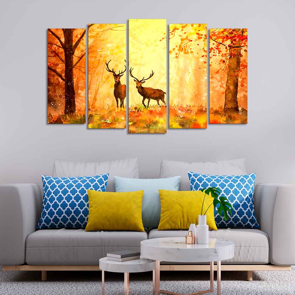 Beautiful Forest Deer Canvas Wall Painting Set of Five - Image 2