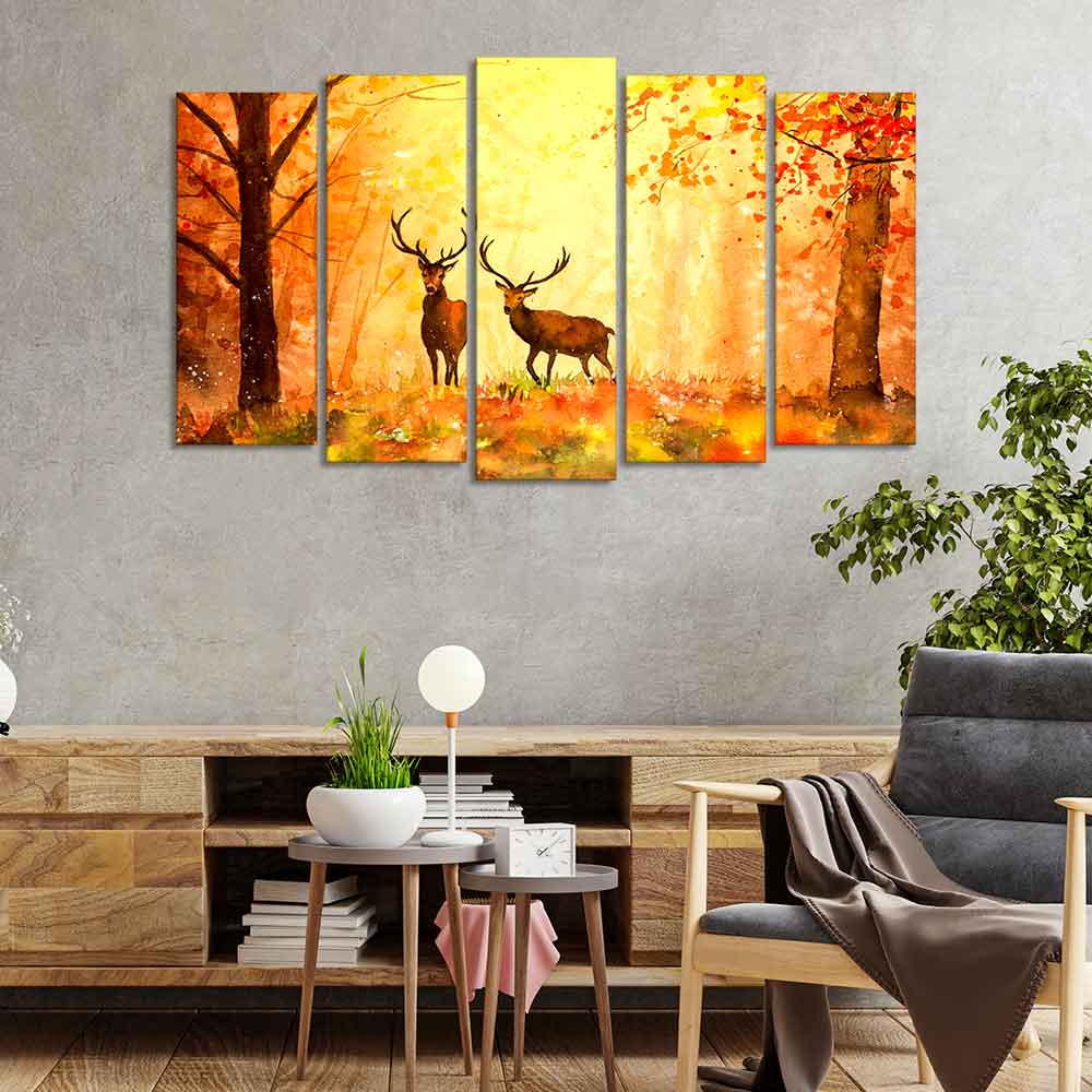 Beautiful Forest Deer Canvas Wall Painting Set of Five - Image 3