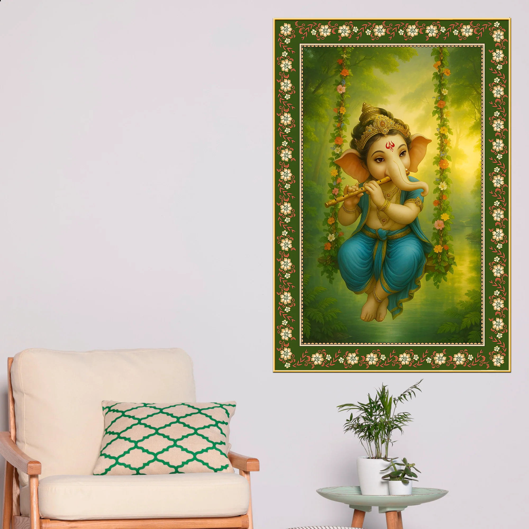 Beautiful Ganesh with Flute Floral Border Vertical Wall Painting